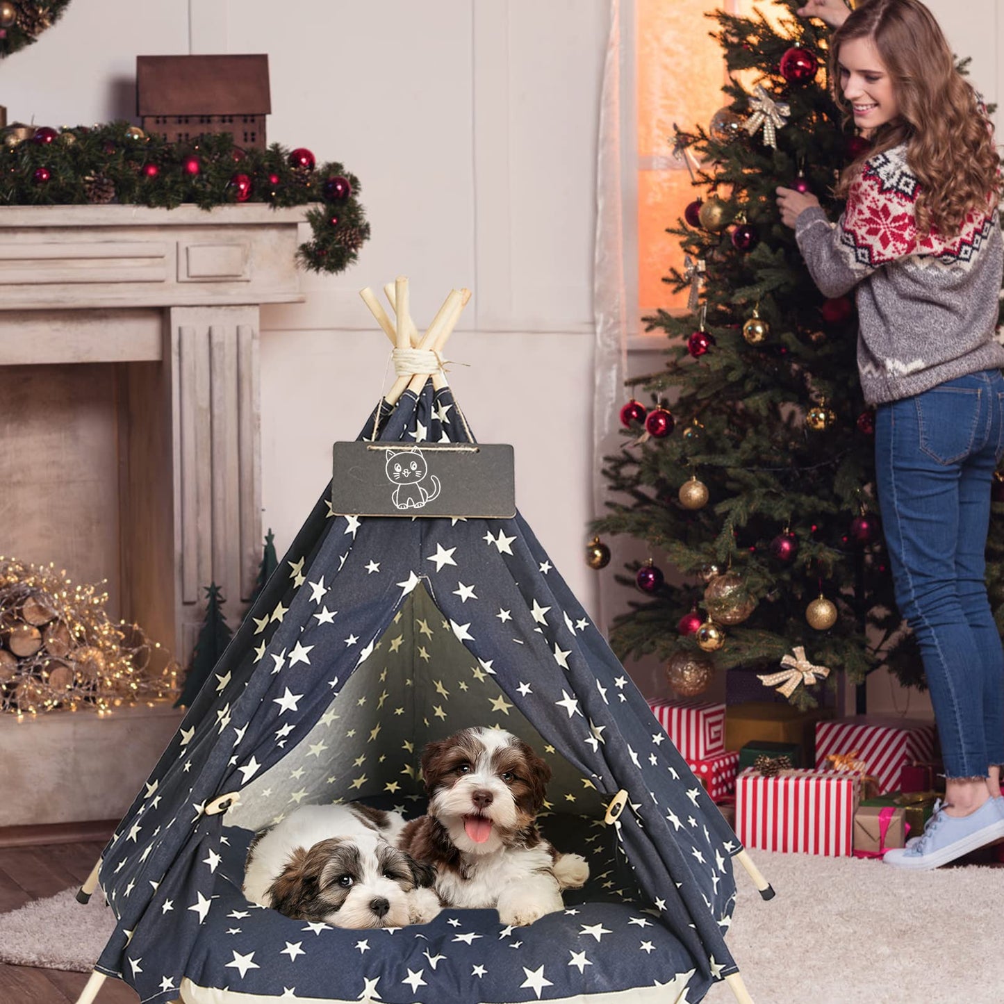Pet Teepee Dog & Cat Bed with Cushion &Blackboard Dog Tents Pet Houses (Blue)