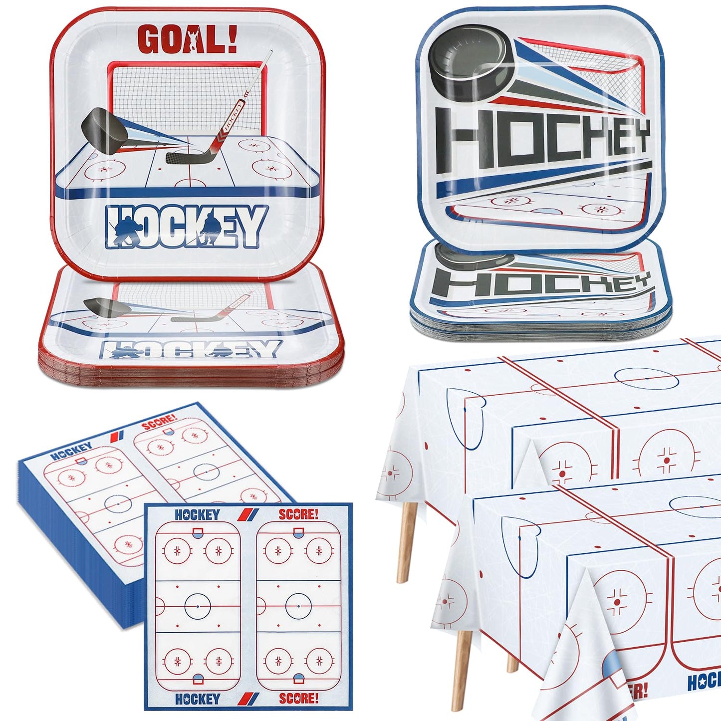 Hockey Birthday Decorations - Ice Hockey Tableware Pack, Disposable Hockey Theme Plates, Napkins, Tablecloth for Kids Fans Sports Hockey Birthday Party Supplies, Serve 40