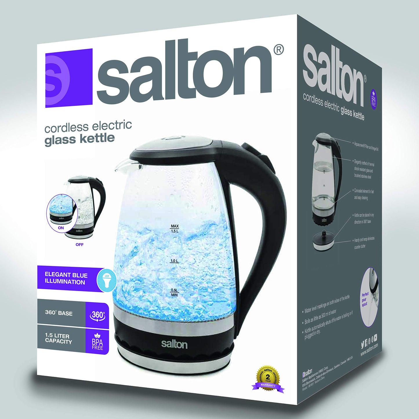 Salton Cordless Electric Glass Kettle - Compact 1.5L/Quart Water Boiler and Tea Heater with Automatic Shut-Off and Boil-Dry Protection, Soft Blue Illumination, Stainless Steel, 1100 Watts