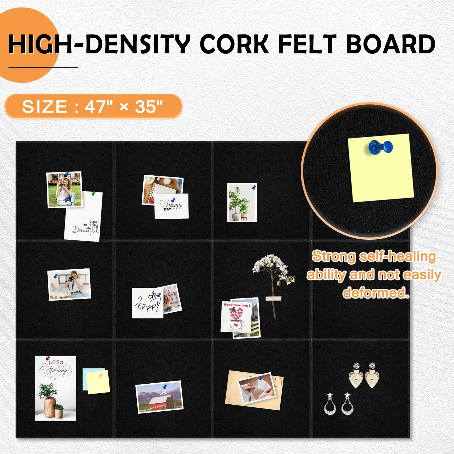 AMUSIGHT Large Cork Board Tiles, 12 Packs 48" x 36" 1/2" Thick Cork Bulletin Board Felt Board Self Adhesive Cork Boards for Walls Home Office Kitchen School, 120 Push pins, Black