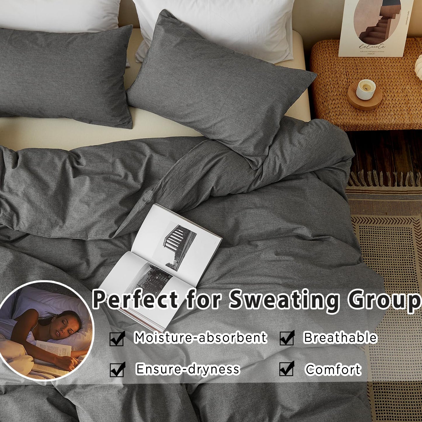 TOCOMOA Duvet Cover Set 100% Washed Cotton Linen Feel Soft Comfy Breathable 3 Piece Comforter Covers Bedding Set (King, Heathered Dark Grey)