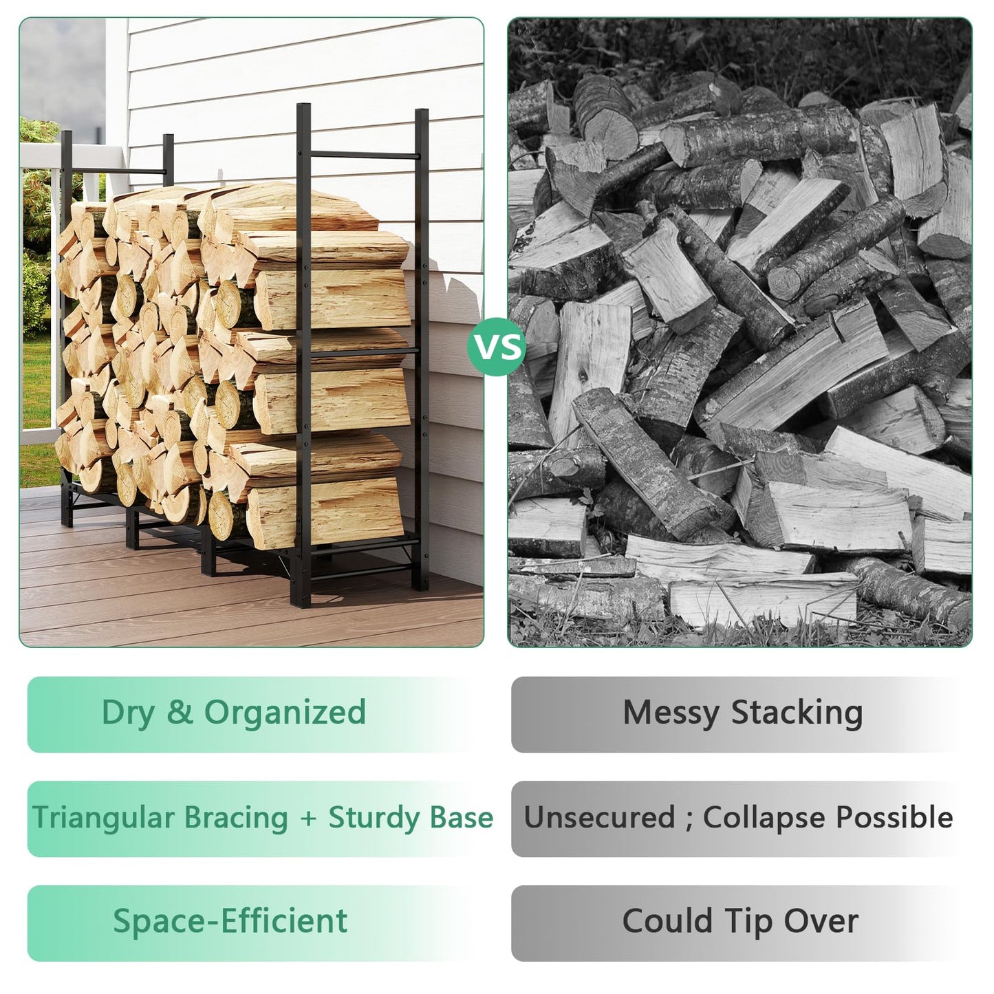 Helios&Hestia 4Ft Outdoor Firewood Rack for Fireplace, Heavy Duty Steel Log Holder, Indoor Wood Pile Storage Organizer, Adjustable Stacker Stand, Black