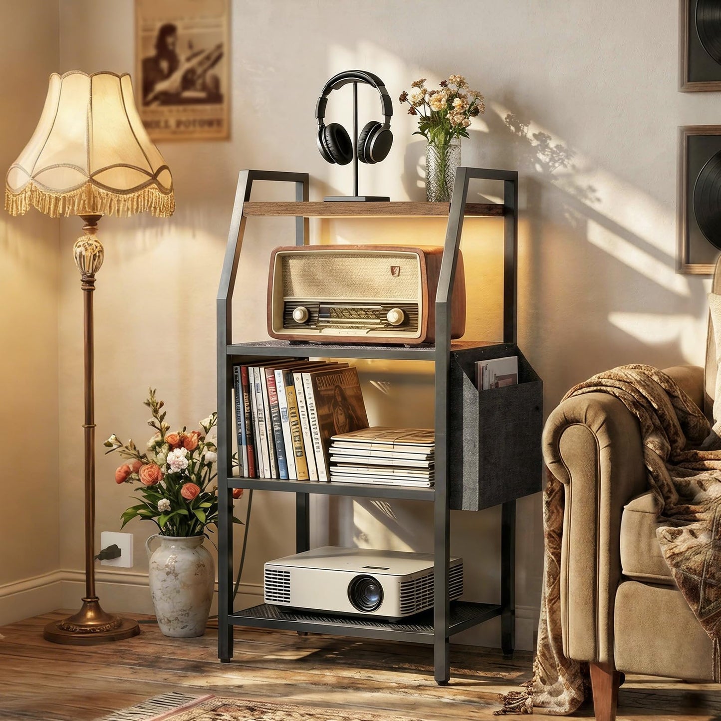 MAHANCRIS 4 Tier AV Media Stand with Power Outlet, LED Stereo Racks with Storage Bag, for Living Room & Studio, Record Player Stand, Speaker, Rustic Brown MSHR01E01