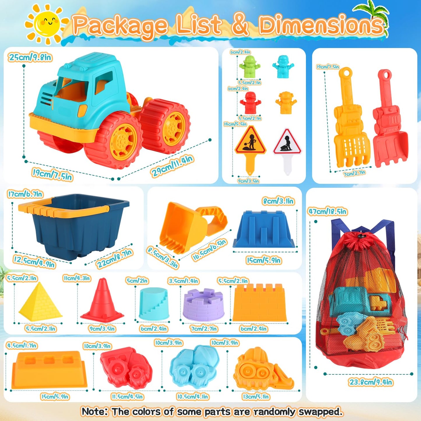 Elovien Beach Sand Toys, Large Dump Truck with Bucket, Sandbox Toy Construction Building Kit with Mesh Bag, Sand Molds, Shovels, Rakes, Summer Outdoor Travel Toys for Kids Toddlers Boys Girls