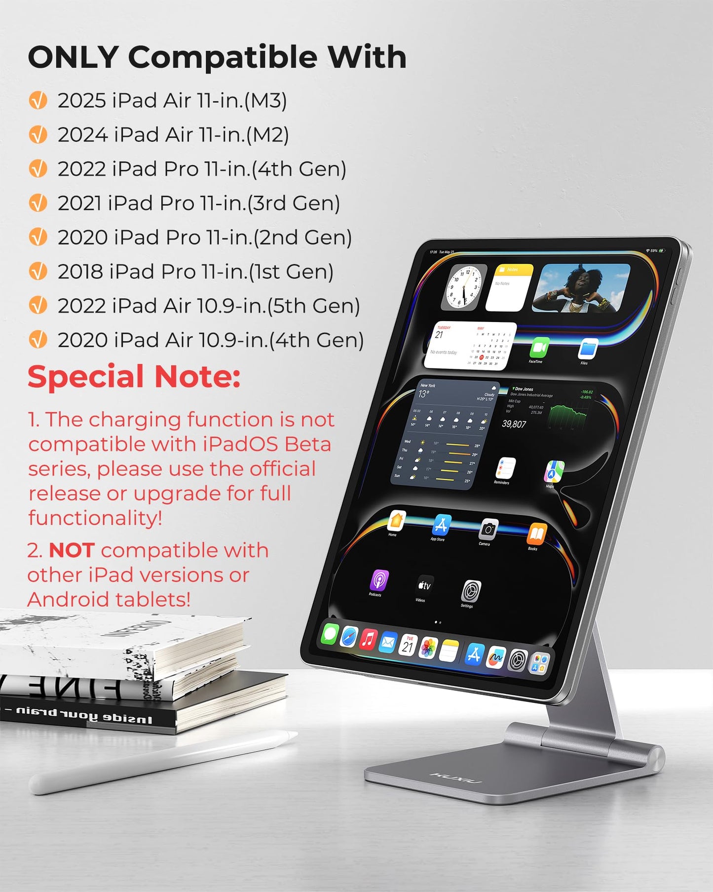 [Upgrade] KU XIU Magnetic Wireless Charging Stand for iPad Pro/Air 11 M2, Foldable Aluminum Alloy Tablet Holder Mount for Desk, Adjustable Tablet Stand for iPad Pro 11 1st/2nd/3rd/4th,Air 10.9 4th/5th