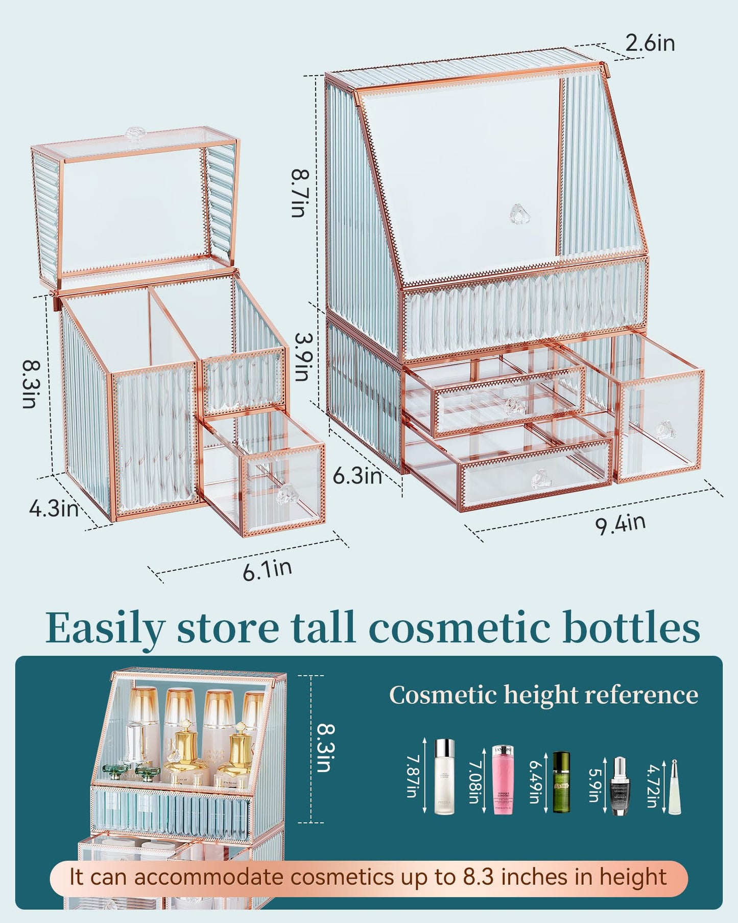 Youdepot Tempered Glass Makeup Organizer Countertop - Multi-Functional 3-in-1 Cosmetic Organizer for Skincare, Lipstick, Brushes - Vanity Organizer & Bathroom Organizer and Skincare Organizer.