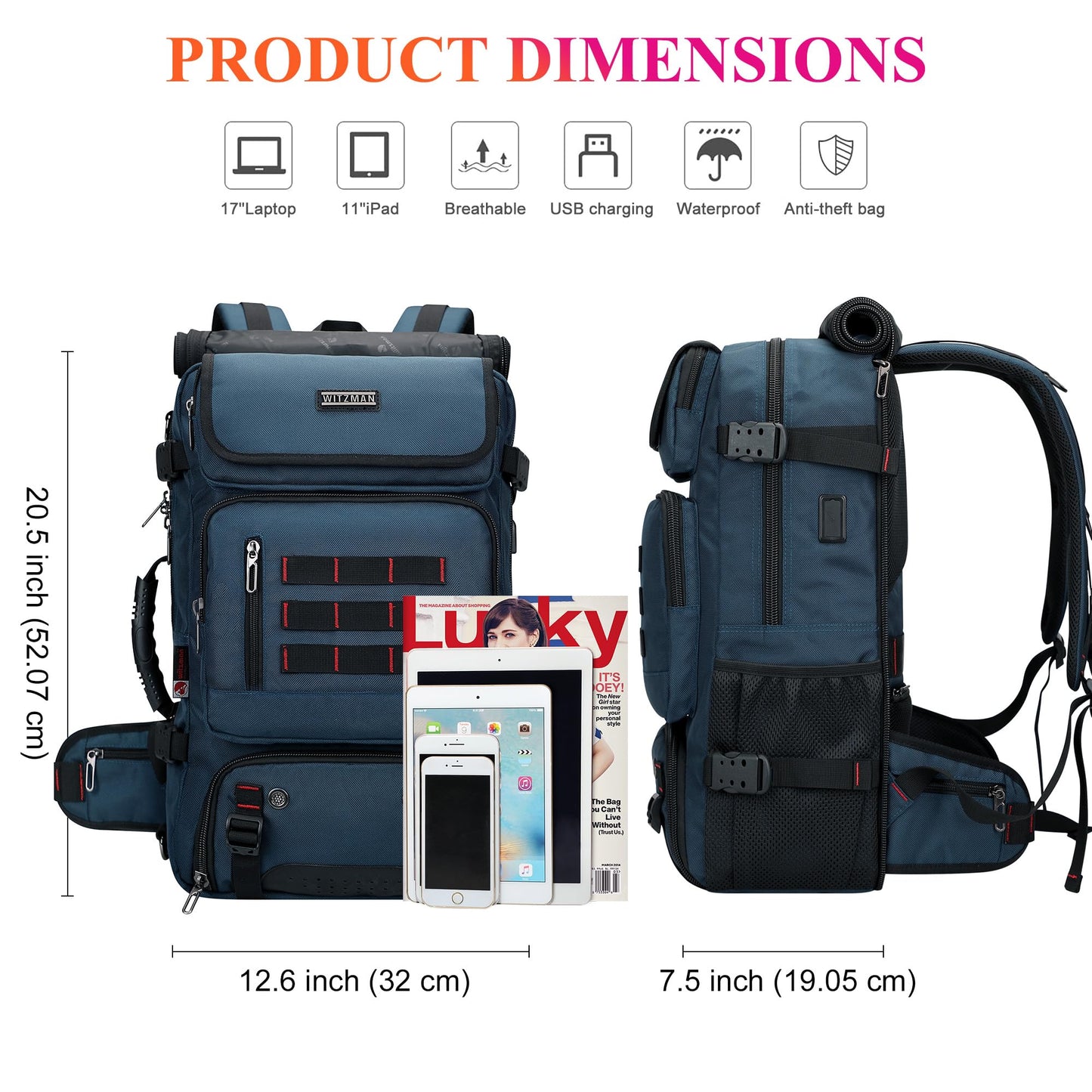 WITZMAN Carry on Travel Backpack for Men Airline Approved Convertible Nylon Duffle Backpack Luggage Bag(B682 Blue)