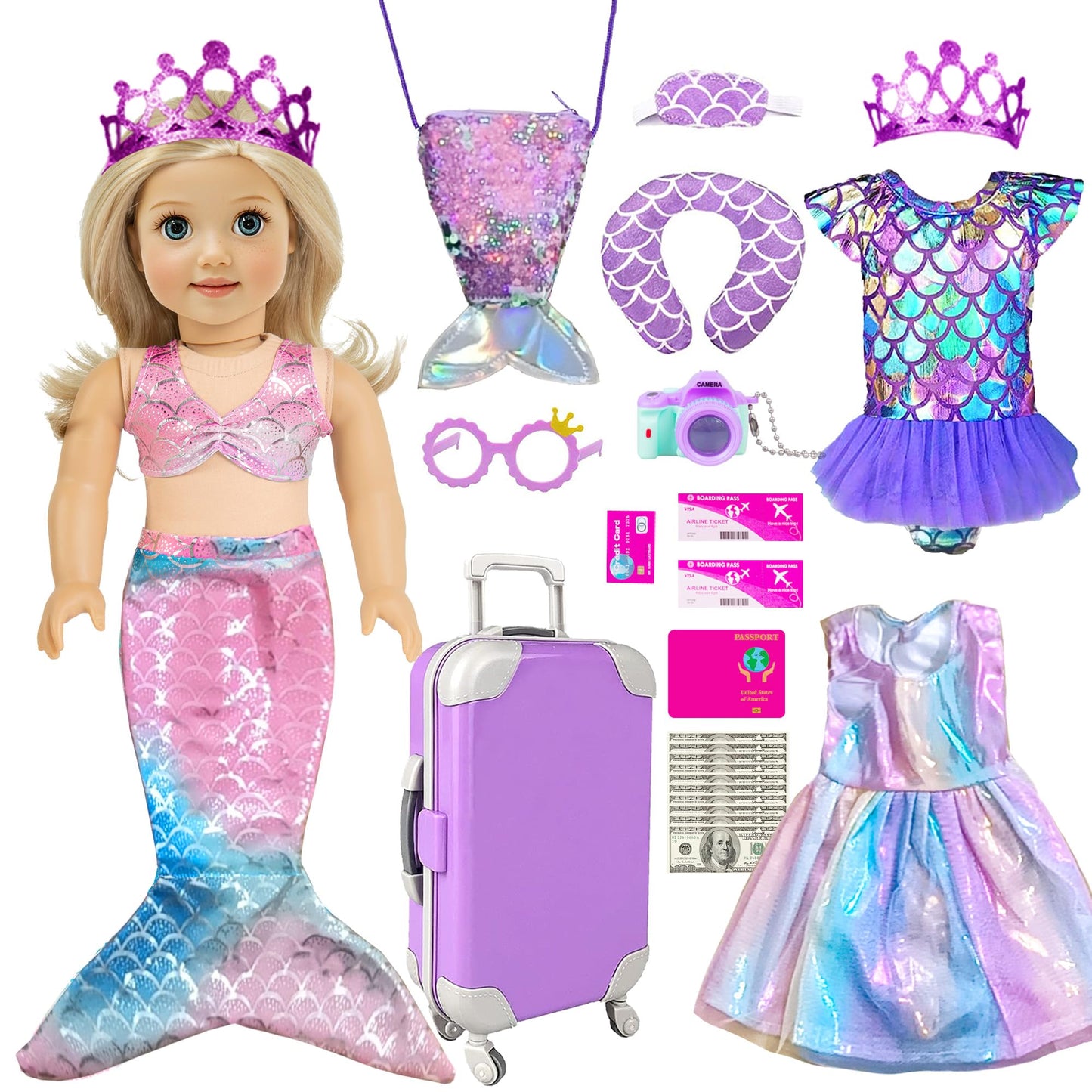 ebuddy 18 Inch Doll Clothes and Travel Accessories Set - Mermaid Themed Play Set for 18" Dolls, Includes Mermaid Tail, Dresses, Suitcase, Camera & More (Doll Not Included)
