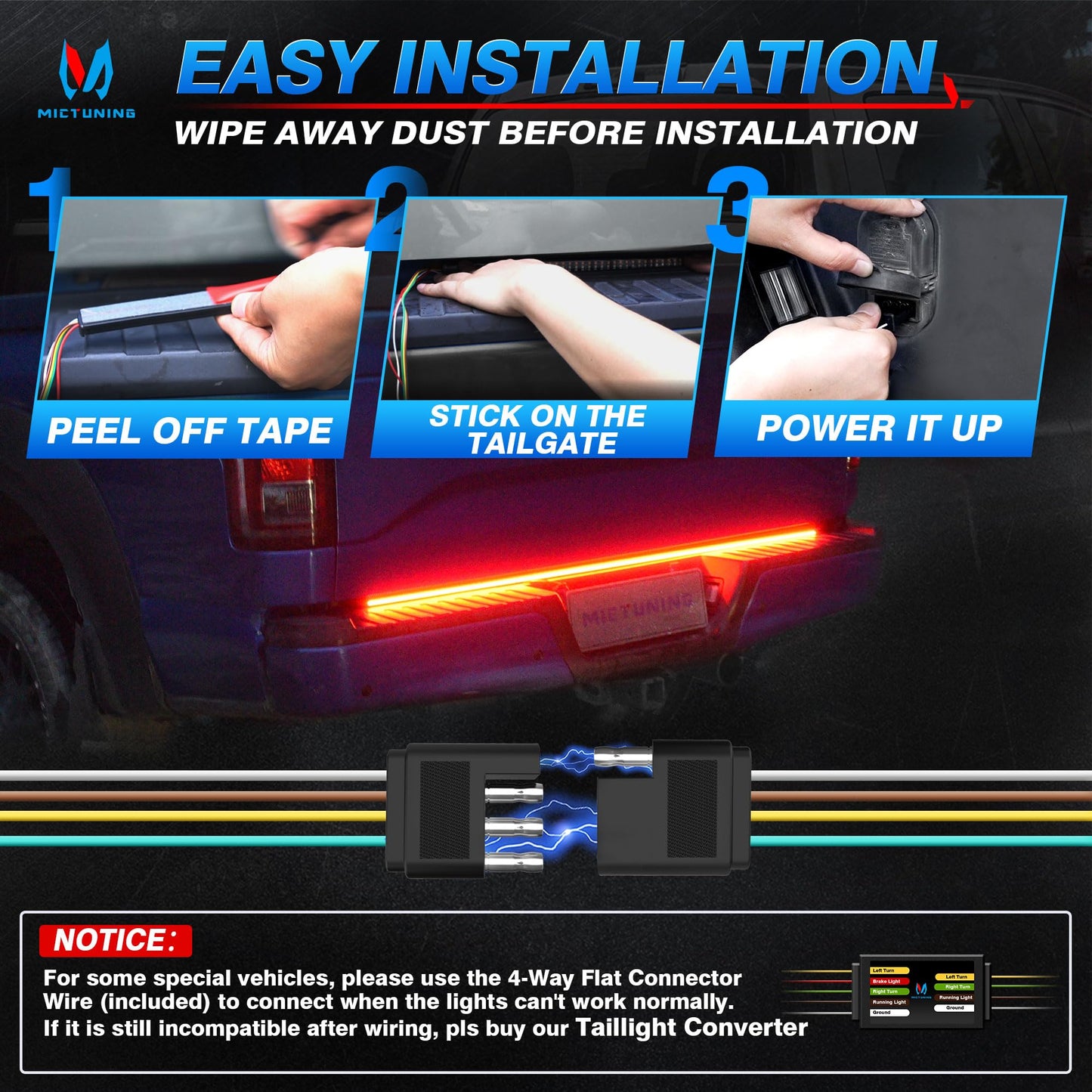 MICTUNING Truck Tailgate Light Strip 48 Inch Triple Row 360 LED IP67 Waterproof with Red Running Brake Sequential Turn Signal, Strobe & White Reverse Lighting