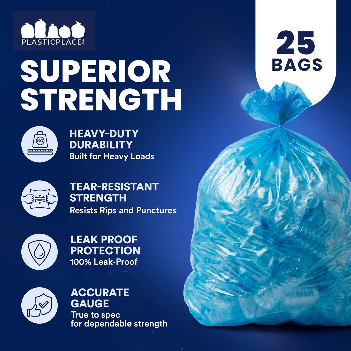 Plasticplace 95 Gallon Recycling Trash Bags, 61"W x 68"H, 1.5 Mil, Blue, 25 Count (Pack of 1)