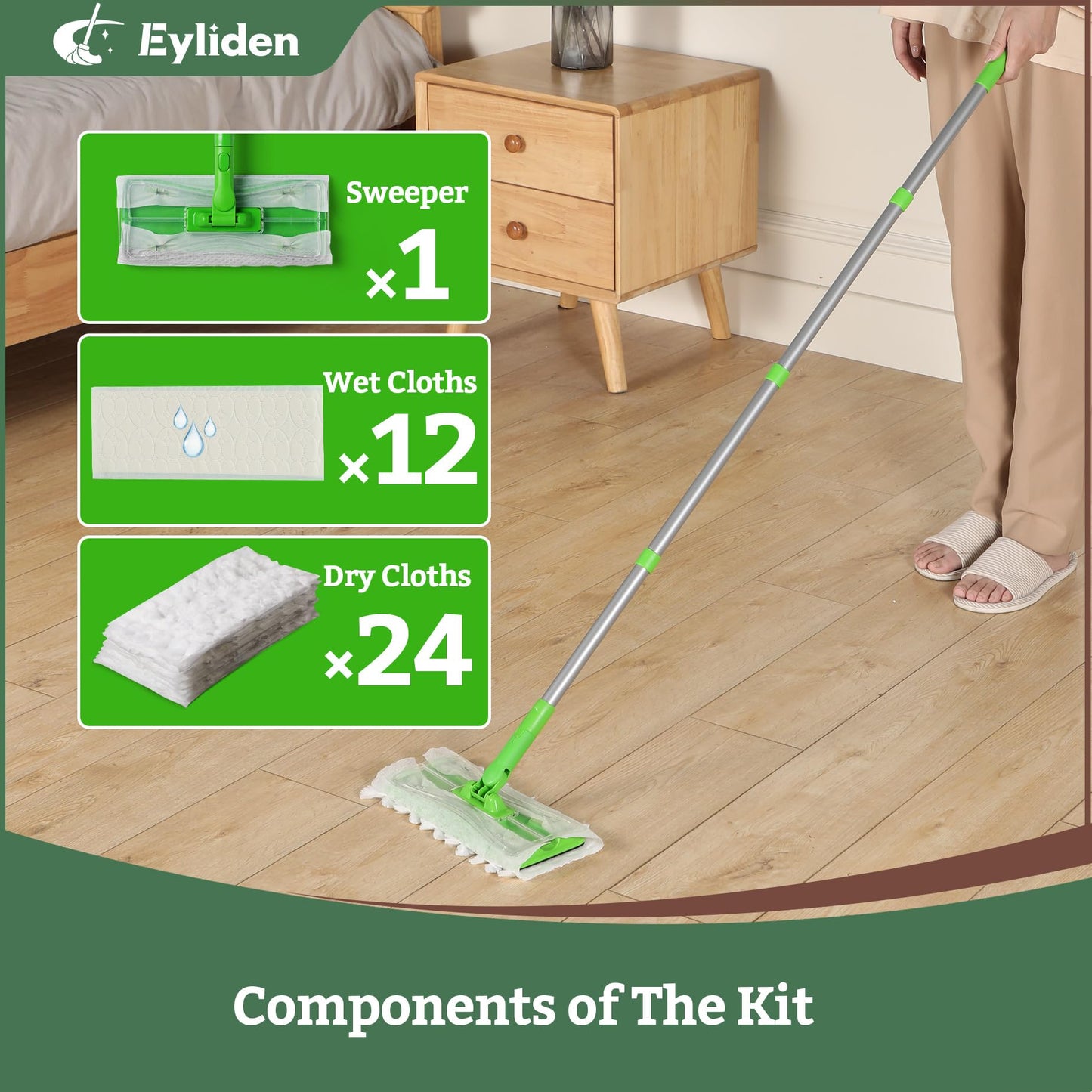 Eyliden Sweeper Mop - Lock Tight Design No Lost Pads - 36 Disposable Dry & Wet Cloths, Dust Mop Starter Kit for Pet Hair, Hardwood Floors, 360 Swivel, Universal Refills, Efficient Floor Cleaning