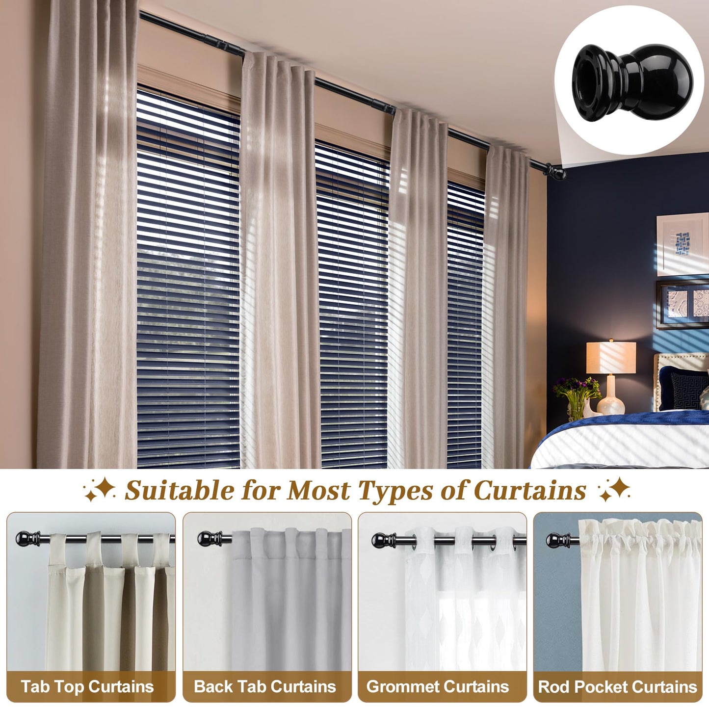 Bay Window Curtain Rods, U-shaped Curved Curtain Rods for Windows 59 to 184 Inches, Black 1 Inch Diameter Heavy Duty Curtain Rods for Bedroom, Living Room, Adjustable Renter Friendly Curtain Rods...