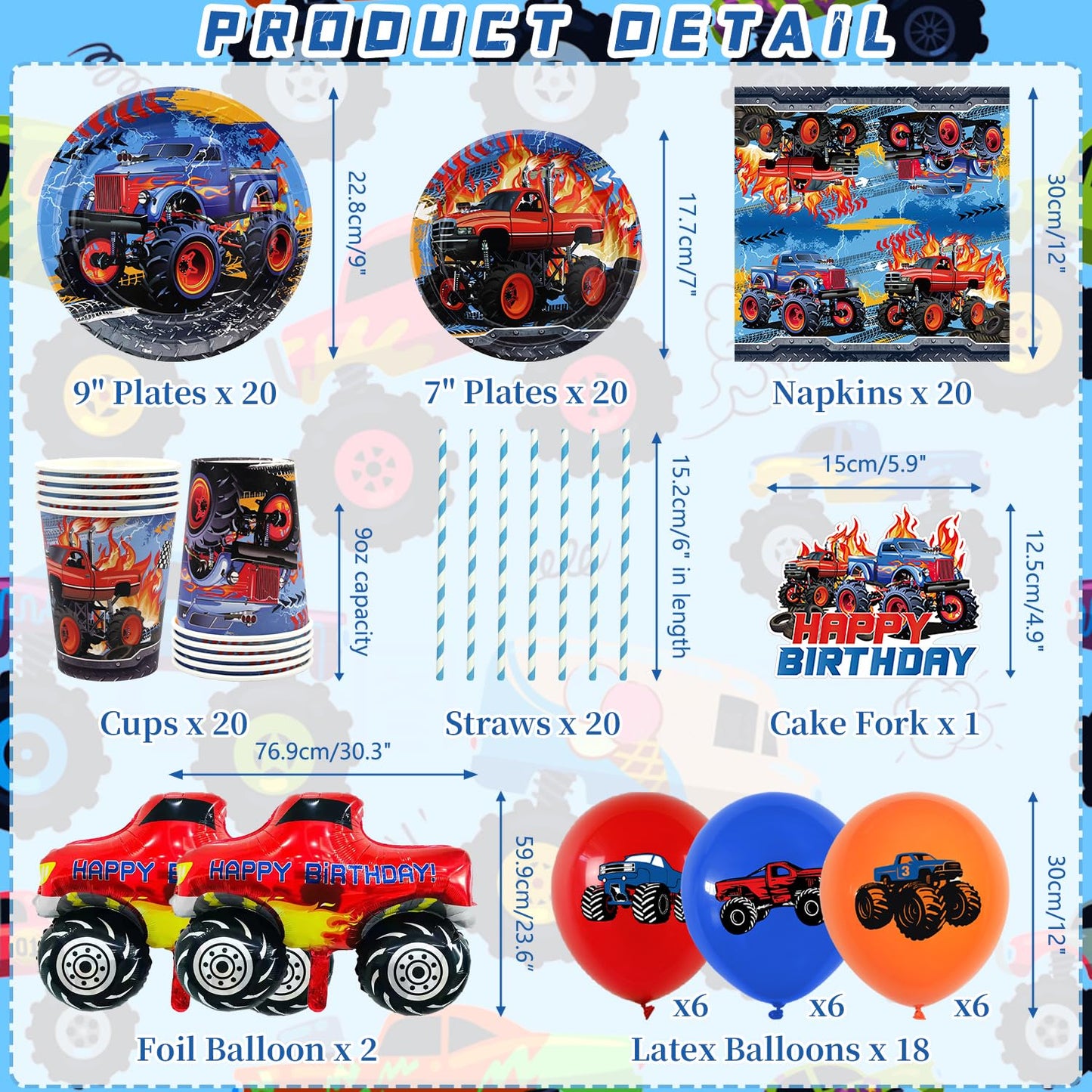 KEFAN Monster Truck Birthday Party Decorations, Monster Truck Birthday Party Supplies including Backdrop, Plates, Cups, Napkins, Tablecloth, Balloons for Boys Birthday Party (Background)