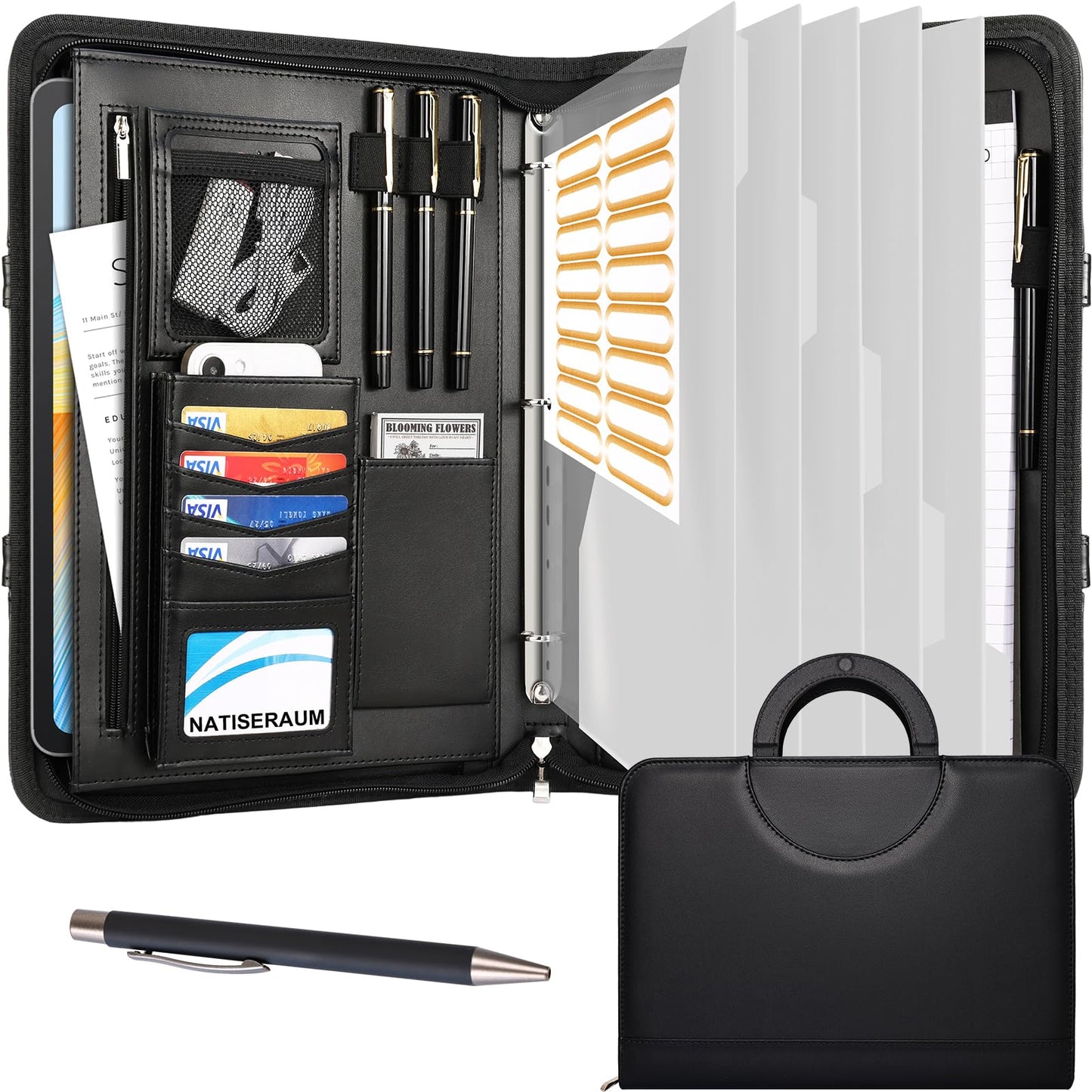 NATISERAUM Padfolio with Handle, Portfolio Binder 3-Ring, Zipper Binder for Business School, Vegan Leather Portfolio for Students with Notepad Includes 5 Sheet Protectors for Documents Files and 1 Pen