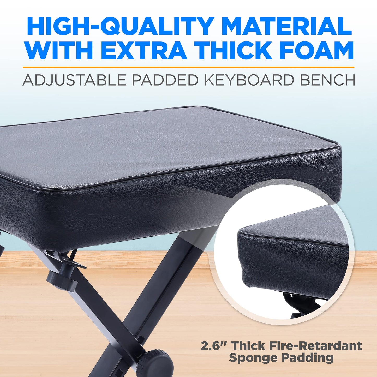Pyle Adjustable Keyboard/Piano Bench, Padded X Style Bench, Foldable Collapsible Musician Stool with Non-Slip Rubber Feet, 3 Height Positions- for Musicians, Players & Performers-Adults, Teens, Kids