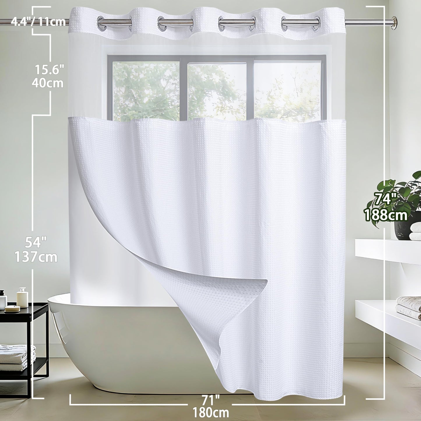 Conbo Mio Fabric Waffle Weave Hotel Shower Curtain with Snap in Liner for Bathroom Waterproof Machine Washable Shower Curtain (Waffle-White, 71" W x 74" H)