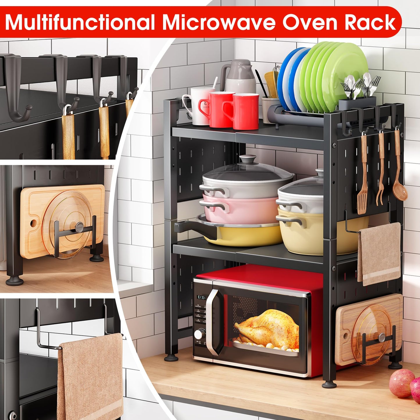 Expandable Microwave Stand,Heavy Duty 3-Tier Adjustable Height Microwave Oven Rack with 9 Hooks, Towel Rack, and Cutting Board Holder, Countertop Kitchen Shelf Organizer, Holds up to 180 lbs, Black