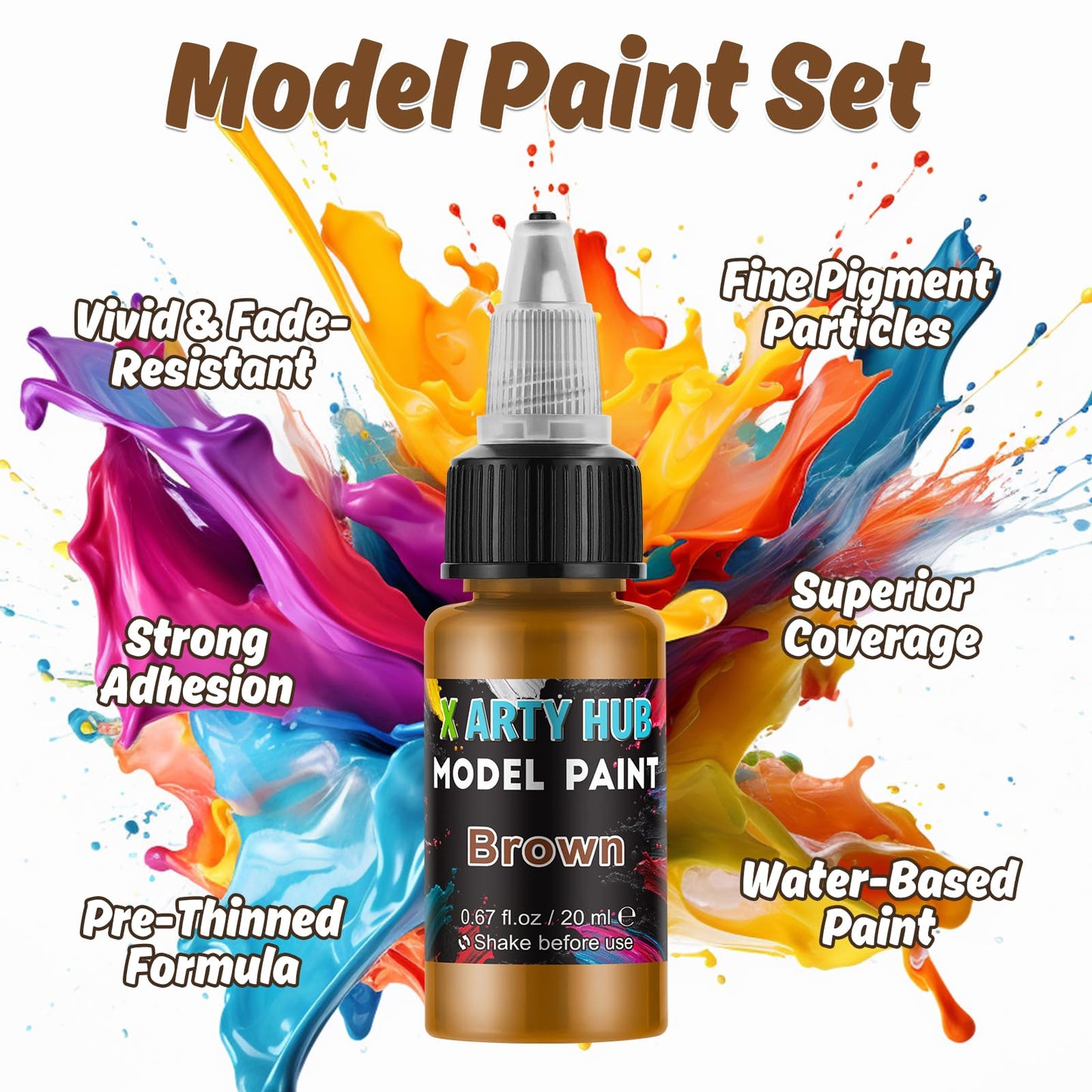 X ARTY HUB Model Paint Set - 20 Colours with 3 Brushes, Miniature Paints (Base/Skin Tones/Shadows/Metallics) for Airbrushing & Hand Painting, Acrylic paint for Models, Miniatures & Wargaming Props