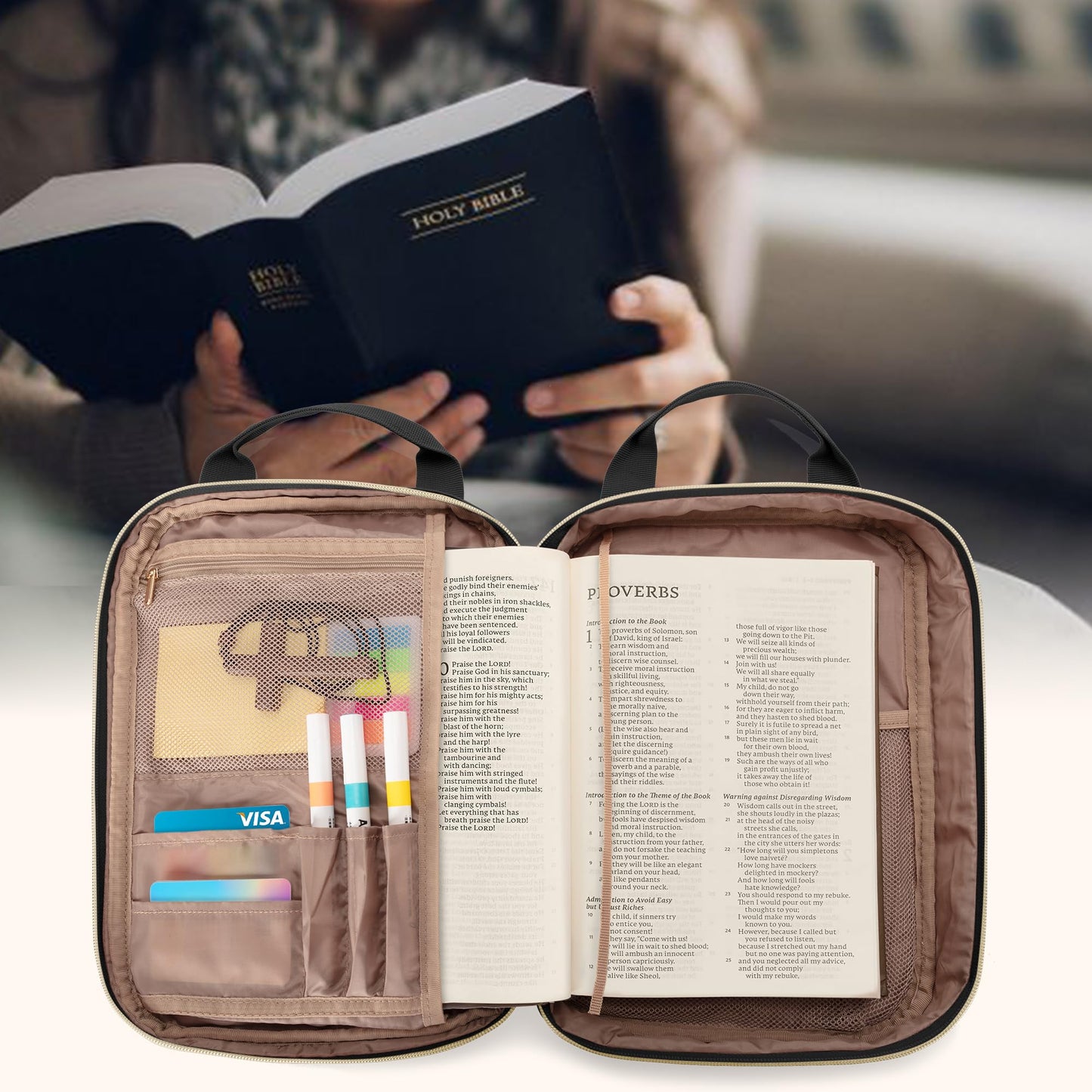 Teamoy Bible Cover Case for Women Men, Bible Book Cover Church Bag Carrying Case with Shoulder Strap, Black Quilted