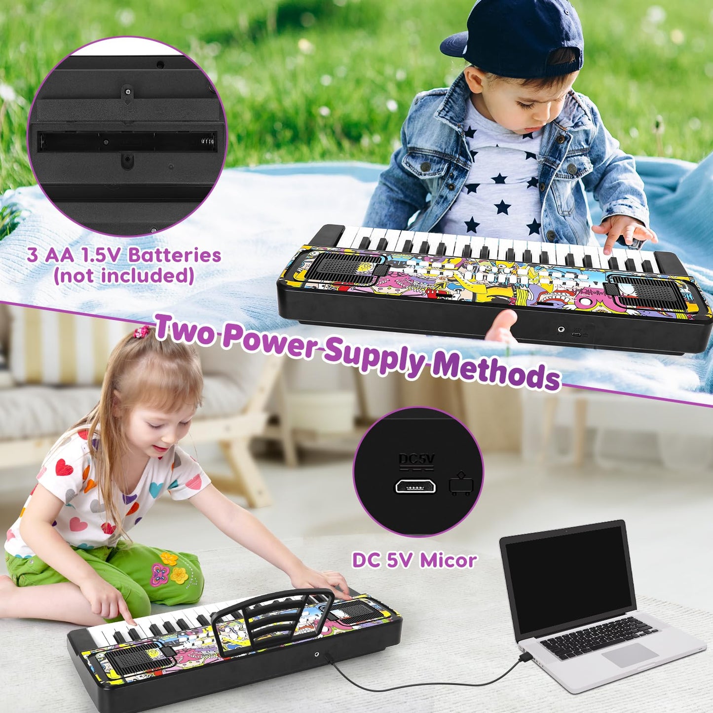 M SANMERSEN Piano for Kids, Piano Keyboard Kids Music Keyboards 37 Keys Electronic Pianos with Music Book Bracket Musical Toys for Beginners 3-8 Years Old Girls Boys