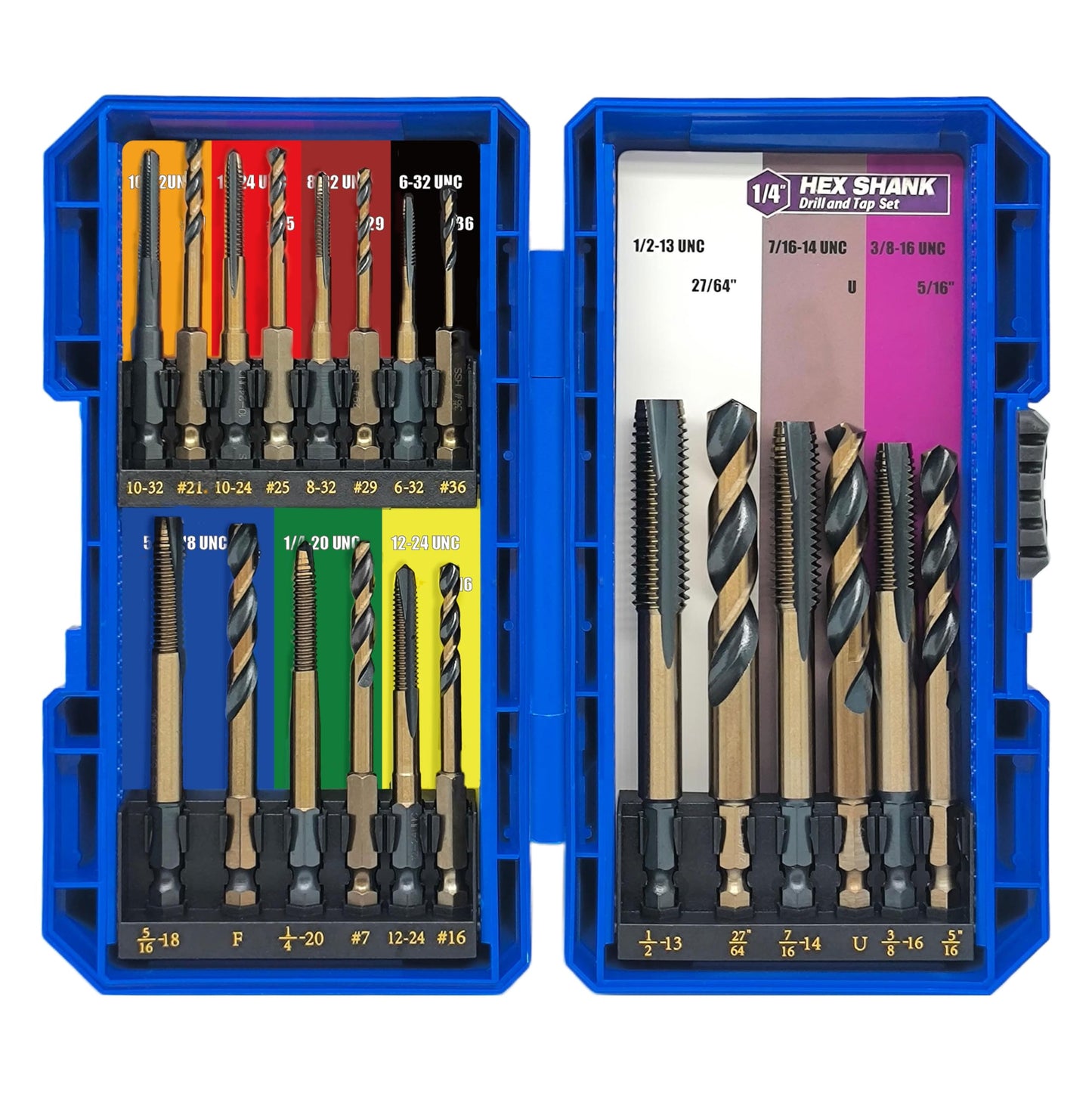 JEFE HEX Drill and Tap Set 20pc - Hex Shank Drill Bits & Thread Taps for Metal | MRO & Industrial Use | Quick-Change Combination tap 6-32UNC to 1/2"-13UNC | Impact Driver