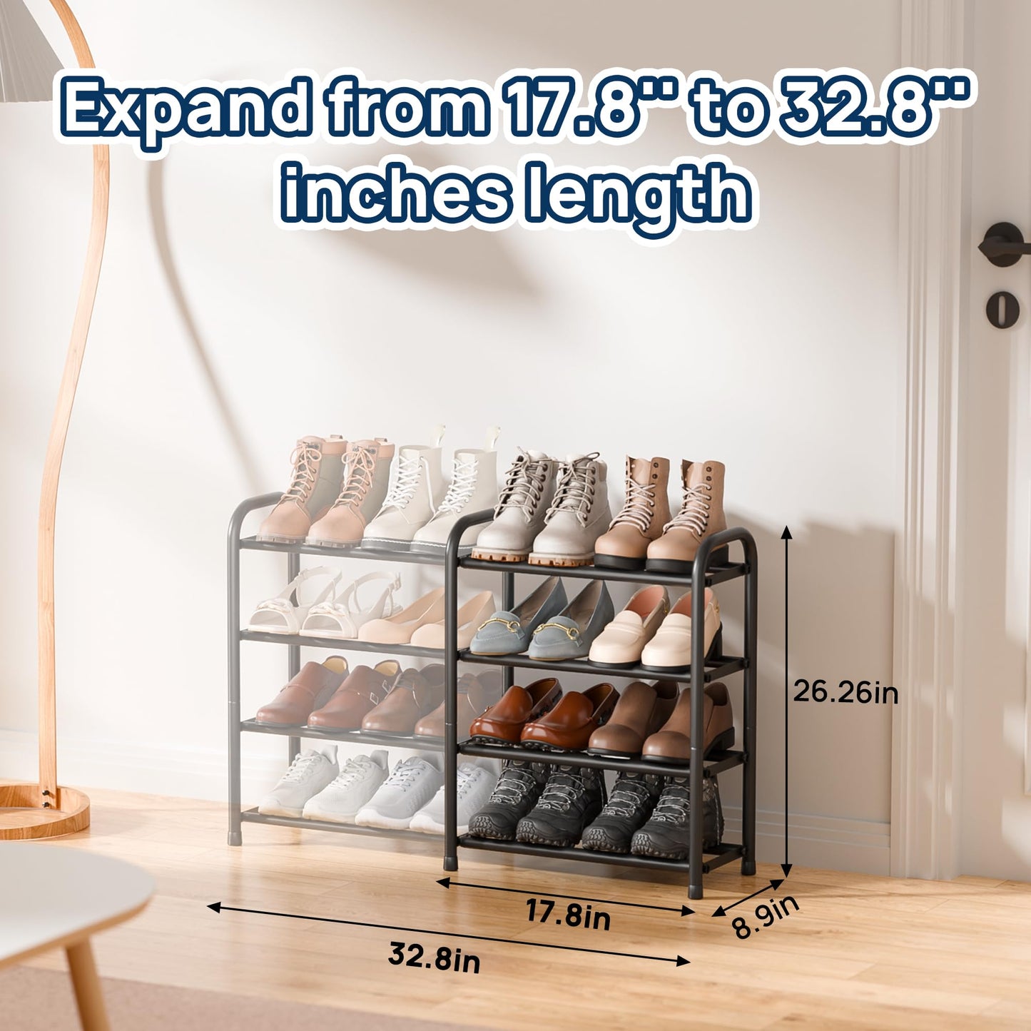 ENJOYBASICS Expandable Metal Shoe Racks for Closet, 4 Tier Adjustable Shoe Organizer Shelf, Black Free Standing Rack Storage for Entryway