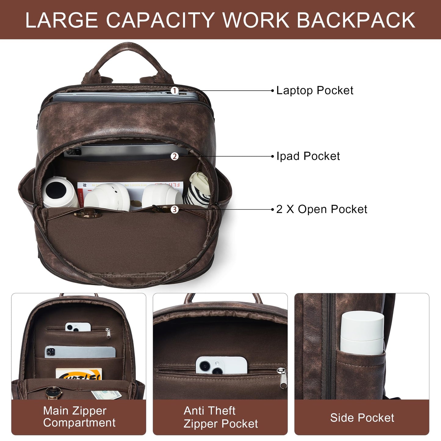 Tiamyi Travel Backpack for Women, Fits 17.0" Notebook, Stylish Lay-Flat Carry-on Vegan Leather Backpack with Luggage Strap for Travel and Daily Use, Coffee