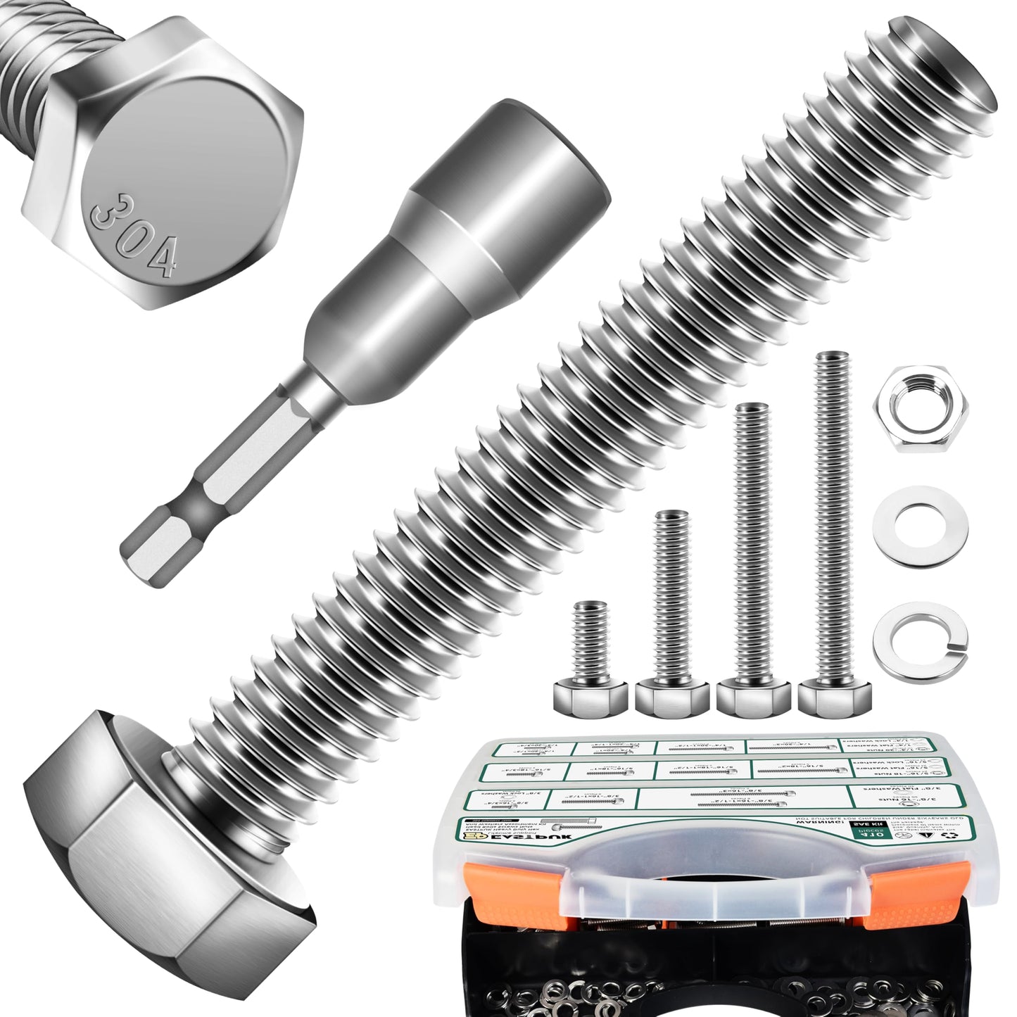 410Piece Stainless Steel Hex Head Screws and Bolts Assortment Kit 1/4-20, 5/16-18, 3/8-16 Sizes, Includes Assorted Nuts, Washers, and Fasteners Bright Finish by EASTPUK