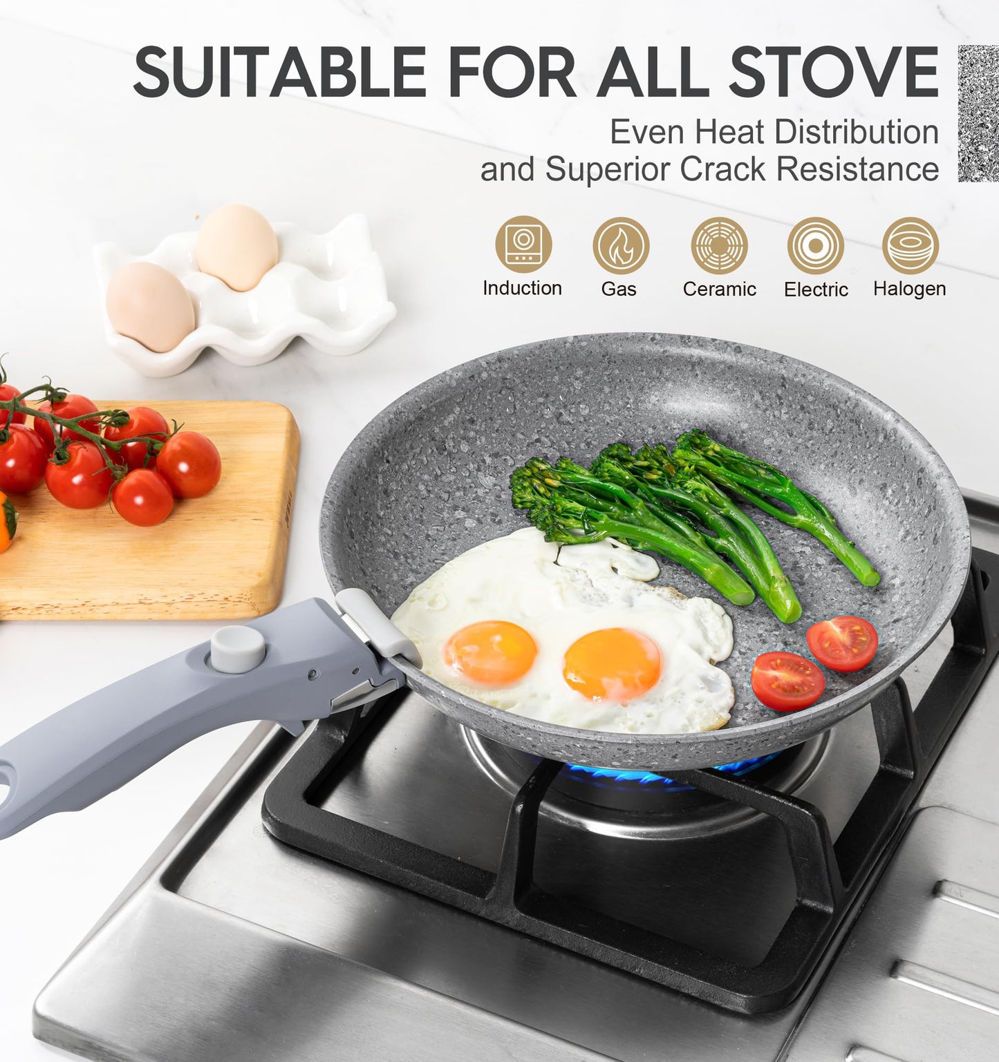 MICHELANGELO Nonstick Frying Pan Set, 8" 9.5" and 11" Fry Pans with Removable Handle, Ultra Non Stick Granite Coating Skillet, Induction Pans with Detachable Handle for Cooking & RV Camping, Gray