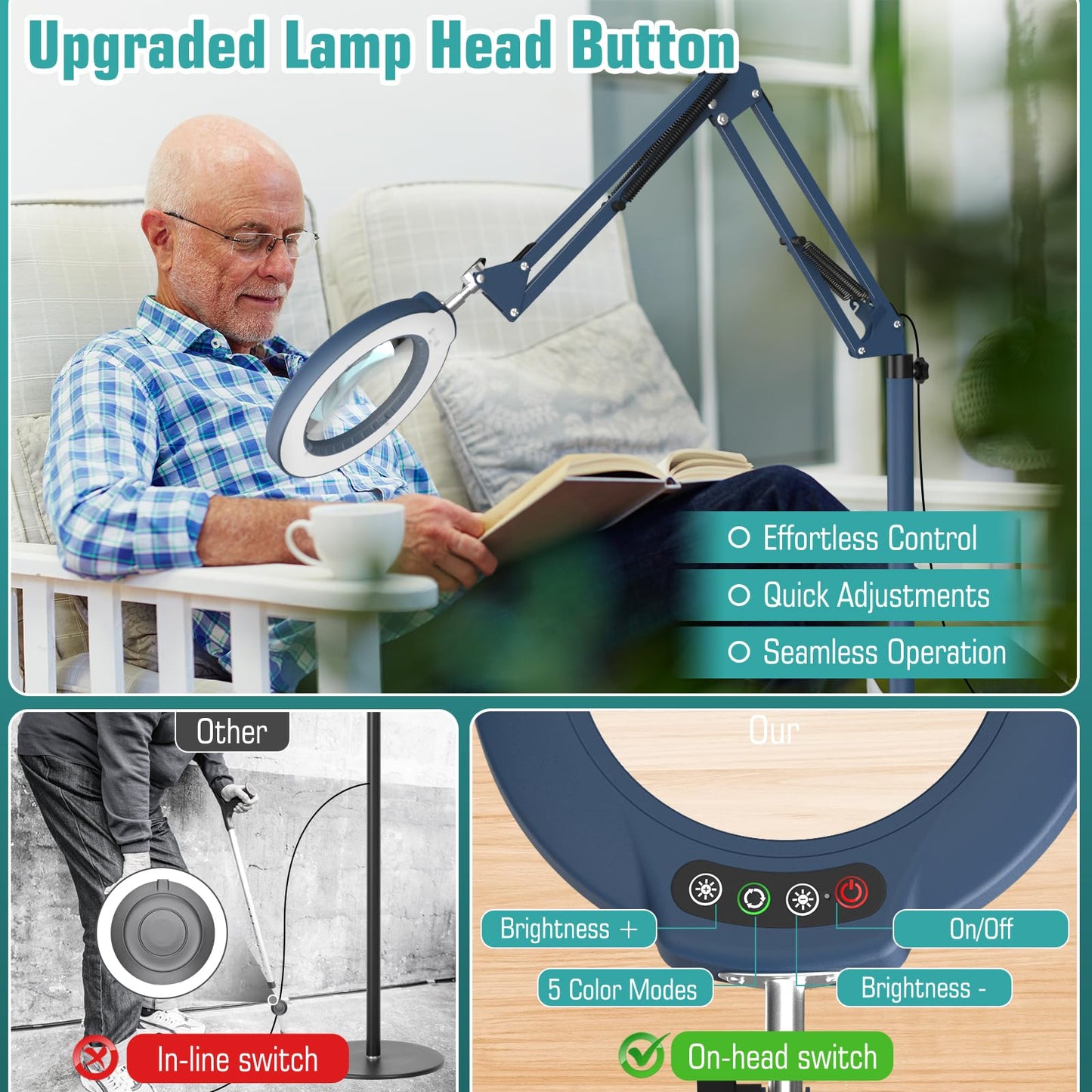 10X Magnifying Glass with Light and Stand, 3-in-1 Adjustable Swivel Arm LED Magnifying Floor Lamp, 5 Color Modes Brightness Stepless Dimming Lighted Magnifier Hands Free with Clamp for Crafts - Blue