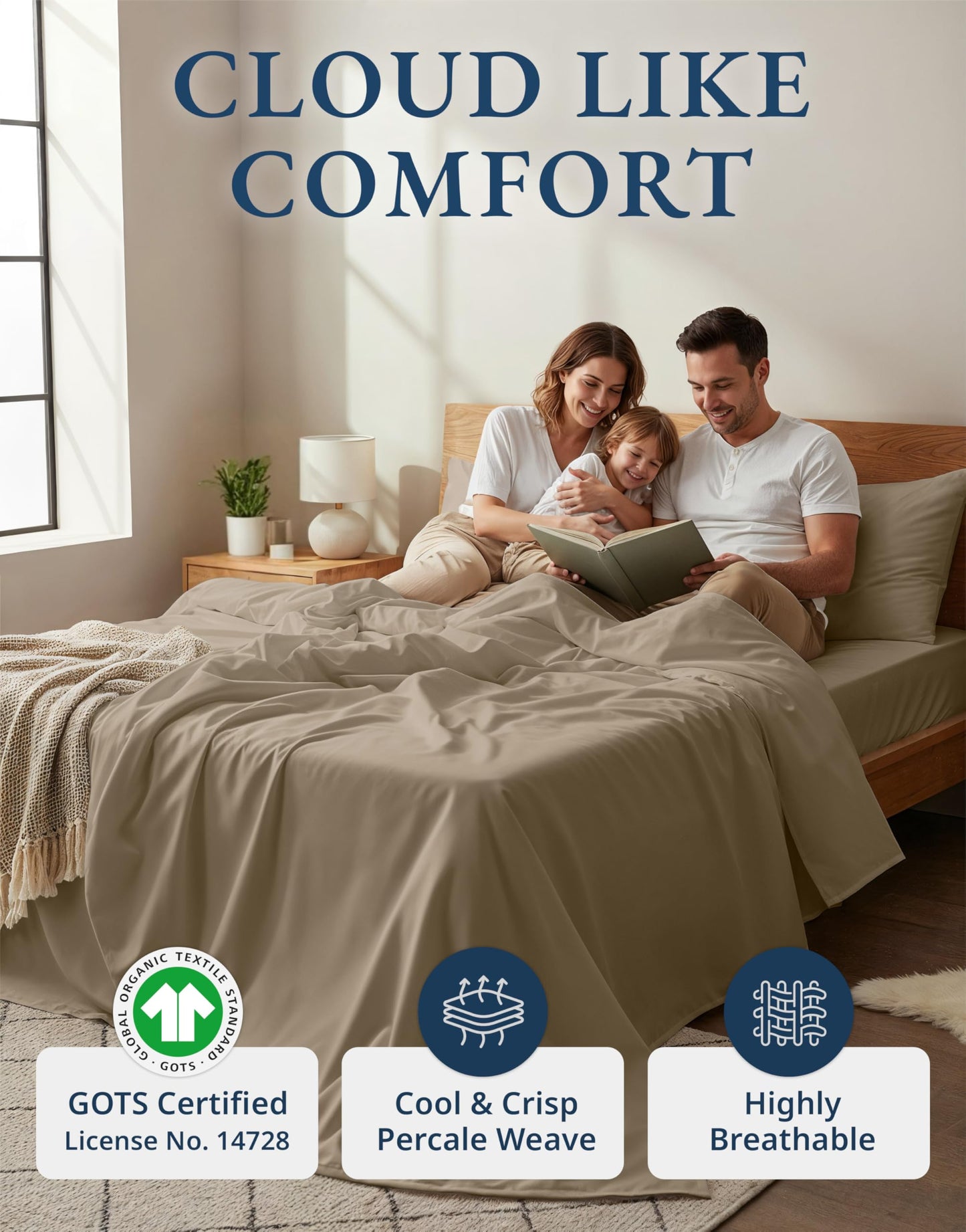 LANE LINEN 100% Organic Cotton Sheets Set Pure Long- Staple Percale Weave - Bedding for Bed Fits Mattress Upto 15" Deep Pocket (Queen Taupe)