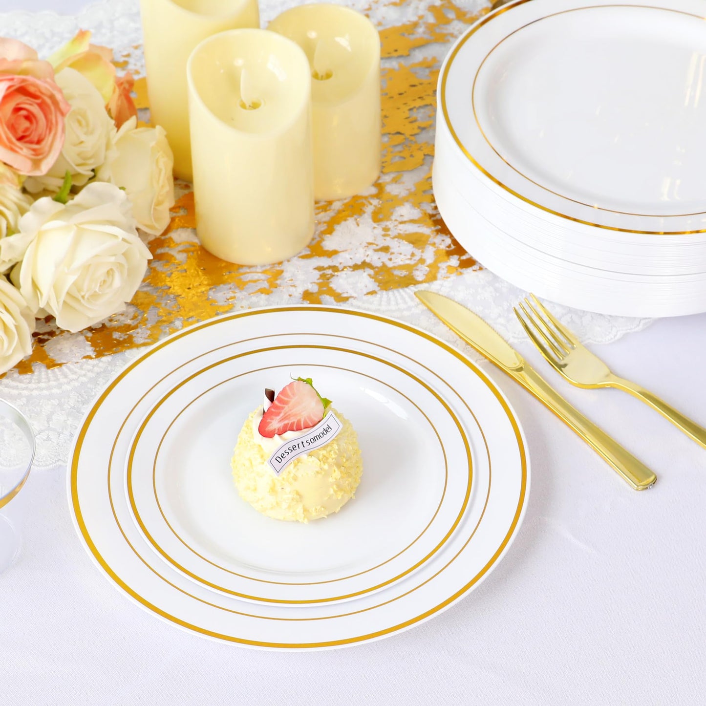 100 Pieces Gold Plastic Plates, Disposable Party Plates White Gold Rim, 50 Heavy Duty Dinner 10.25 Inch Plates and 50 Disposable Dessert Appetizer Elegant Fancy Wedding 7.5 Inch Plates