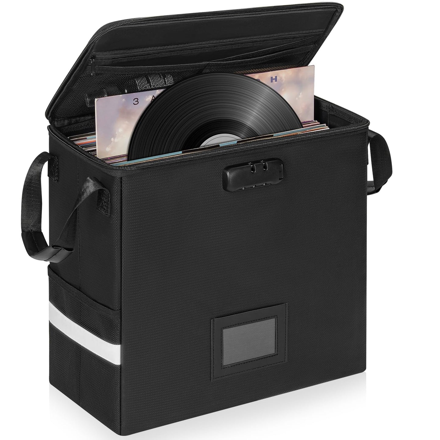 IBVIVIC Vinyl Record Storage Box with Lock,Holds up 35+ Records， Fireproof＆Water Resistant LP Record Organizer Crate with Lid for Valuable Album Collection(34 x 17 x 34CM)
