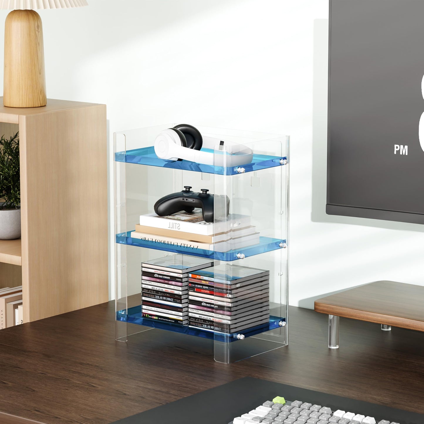 YFEEN 3 Tier Clear Acrylic CD Organizer, Holds Up to 54 CDs, Countertop Storage, Media Shelf, Home Office