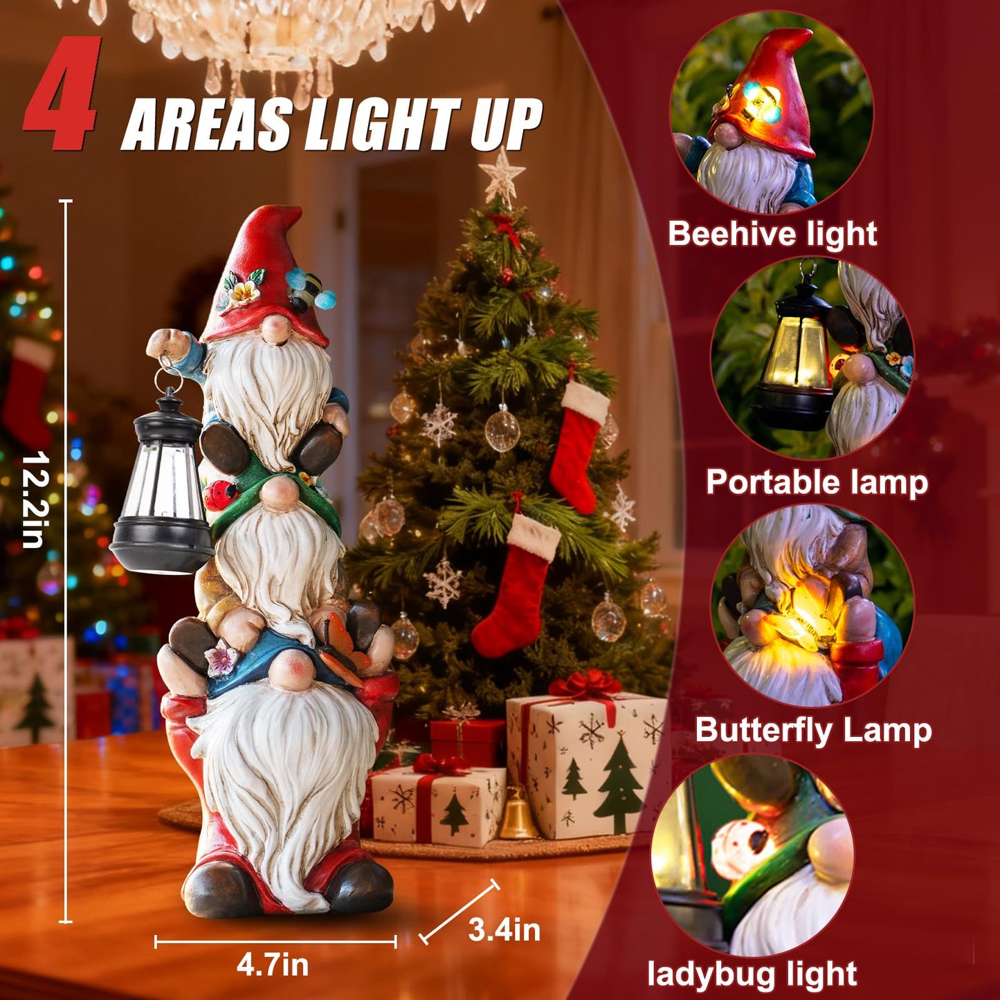 Christmas Garden Gnome Statue with Solar Lights Garden Sculptures Funny Triple Gnome Outdoor Patio Lawn Yard Balcony Home Decor Birthday Gifts for Women Mom Grandma 12 in Thanksgiving Gnome
