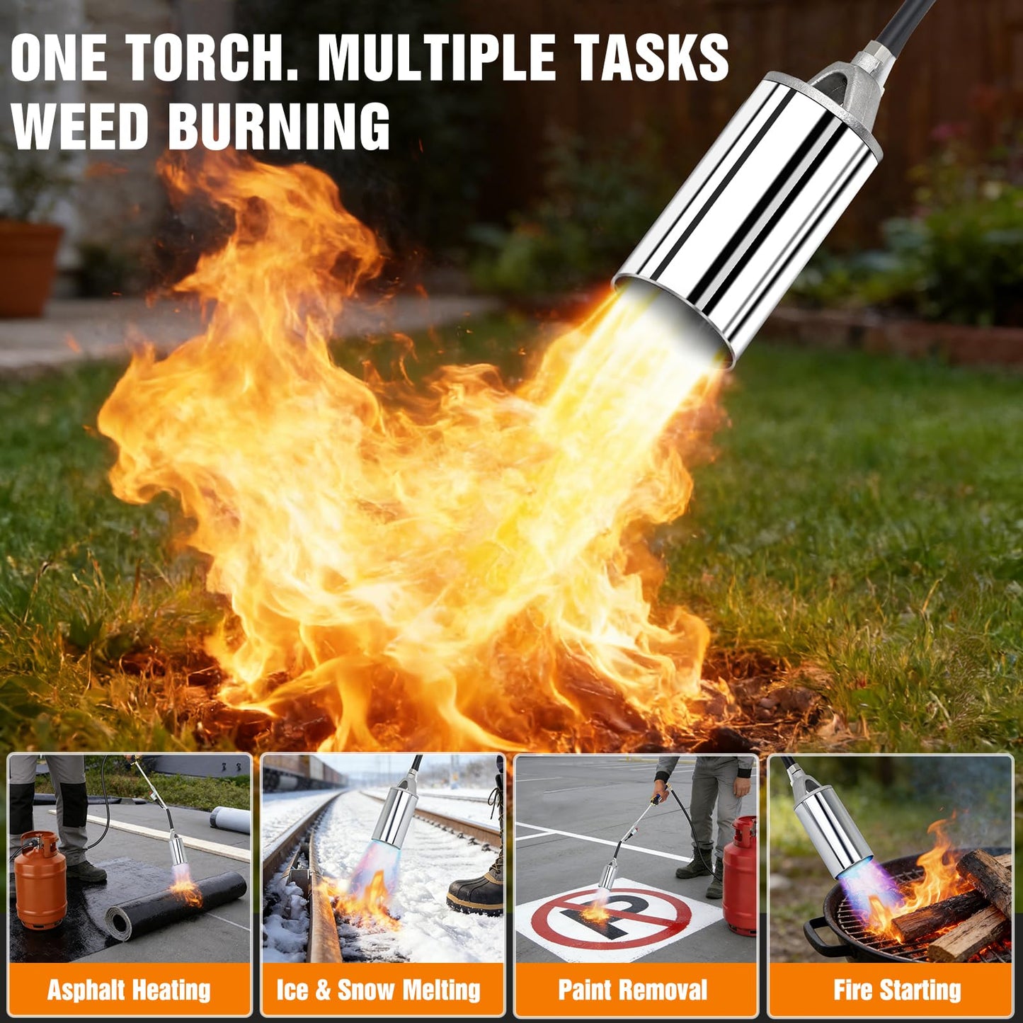 Propane Weed Control Torch Kit with 12.5 ft Hose, Outdoor Heat Tool with Push Ignition & Adjustable Output, Long or Short Setup for Yard, Snow Clearing, Driveway & Garden Work