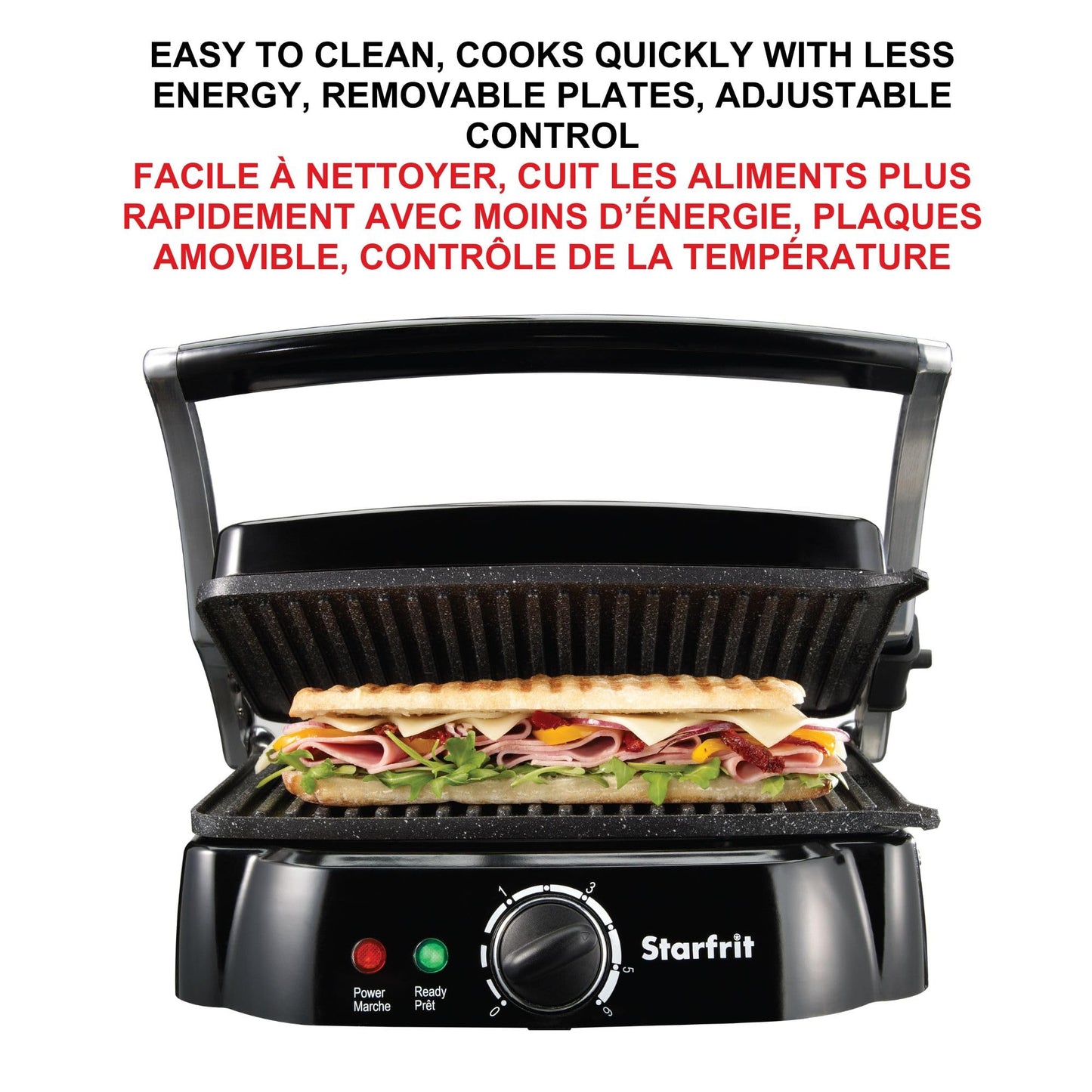 Starfrit The Rock Electric Panini Grill - 14" x 12" - Rock.Tec Non-Stick Cooking Surface - Opens 180 Degrees