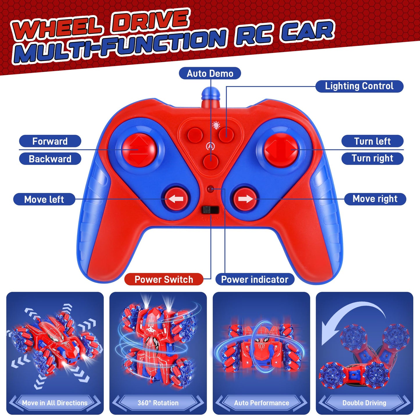 Kssvzz Spider Remote Control Cars for Kids, RC Stunt Car with Light Strip, 2.4 Ghz RC Cars, Boys Toys Age 4 5 6 7 8 9 10 Year Old, Car Toy for Boys Age 4-6 5-7 8-12, Rechargeable Spider Toys