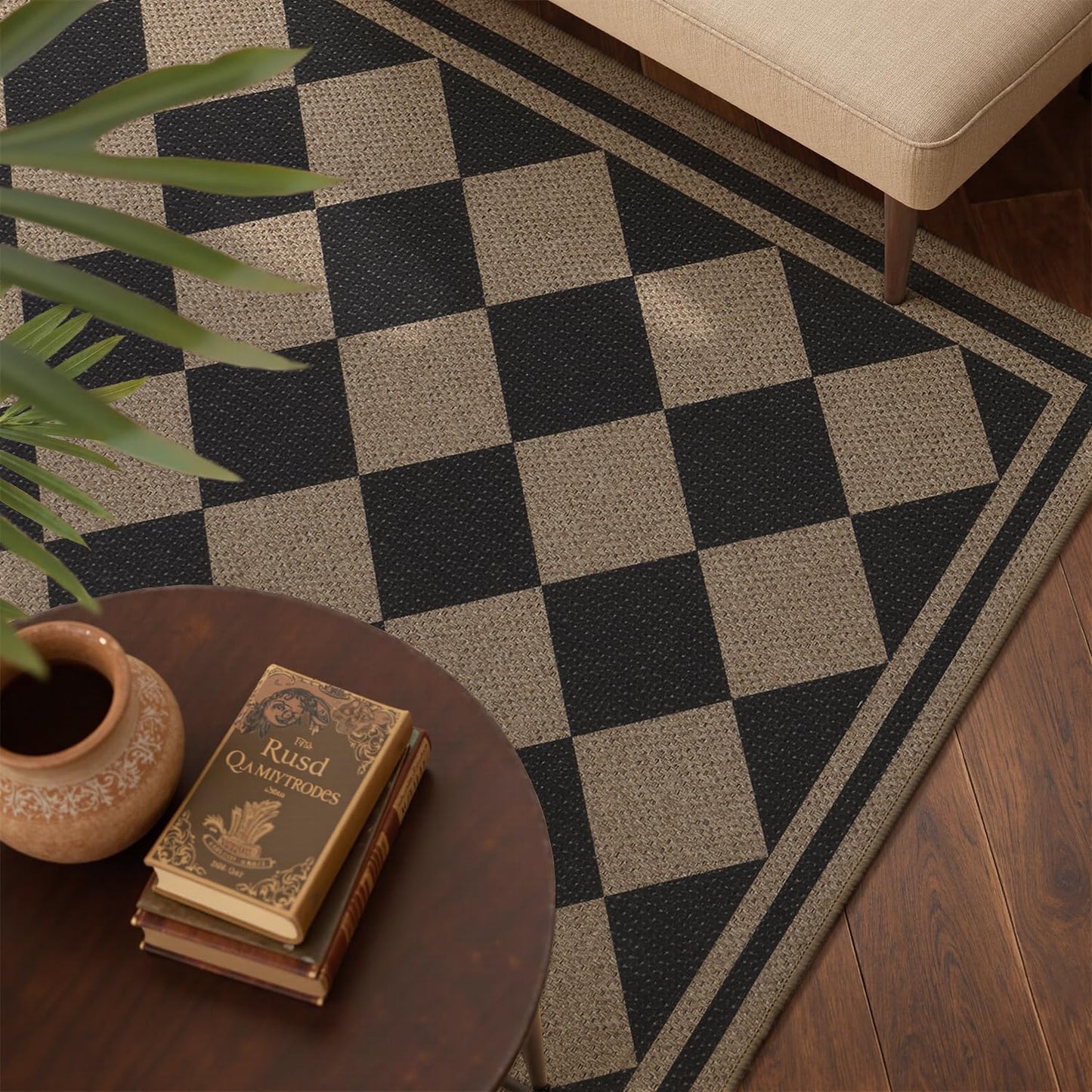 Front Door Mat Indoor Outdoor Mat for Entrance Mat Easy-Jute Entryway Mat-Mud Trapper Absorbent Low-Profile Fall Door Mats Entry Rug Checkered Black 60x90cm
