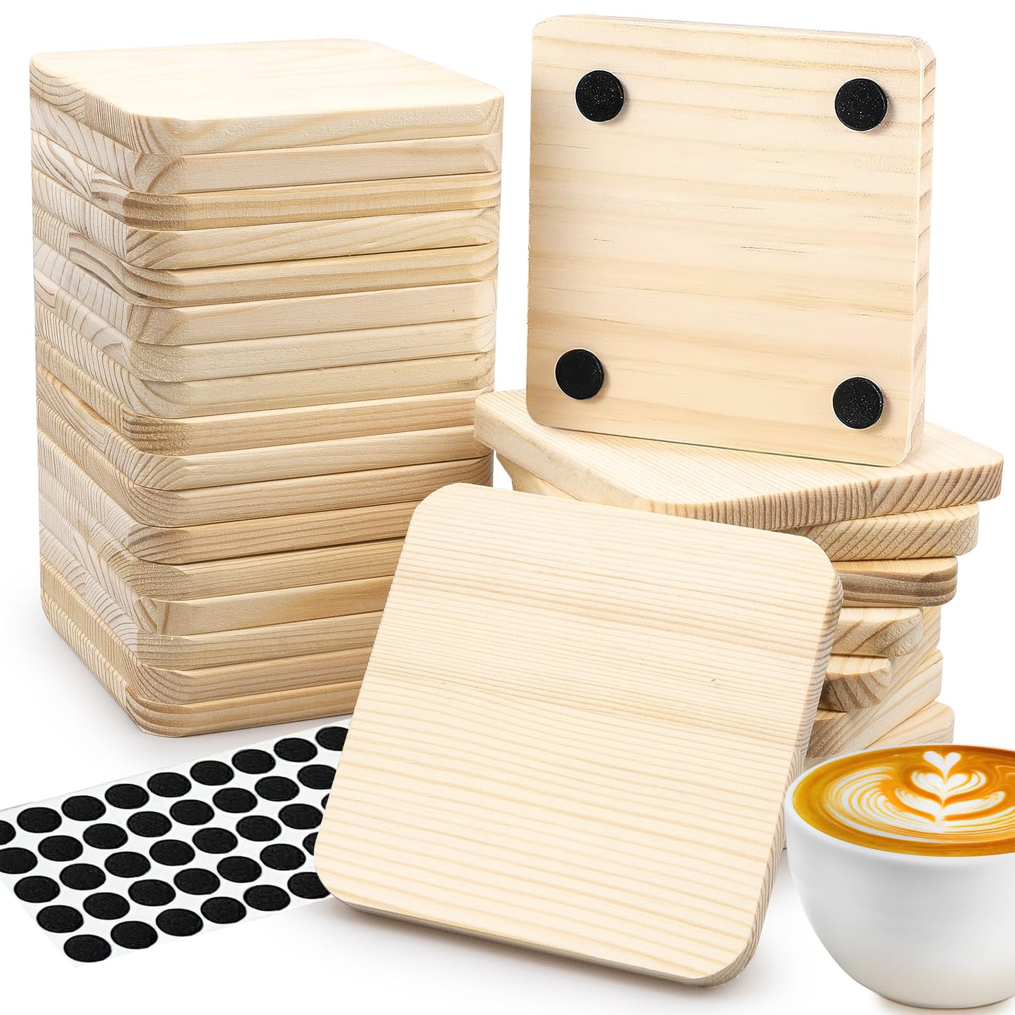 72 Pack Unfinished Wood Coasters for Crafts, 4 Inch Square Blank Wooden Coasters, Non-Slip Wooden Slices Pads Bulk for Winter Hot Drinks, DIY Stained Painting, Home Decoration