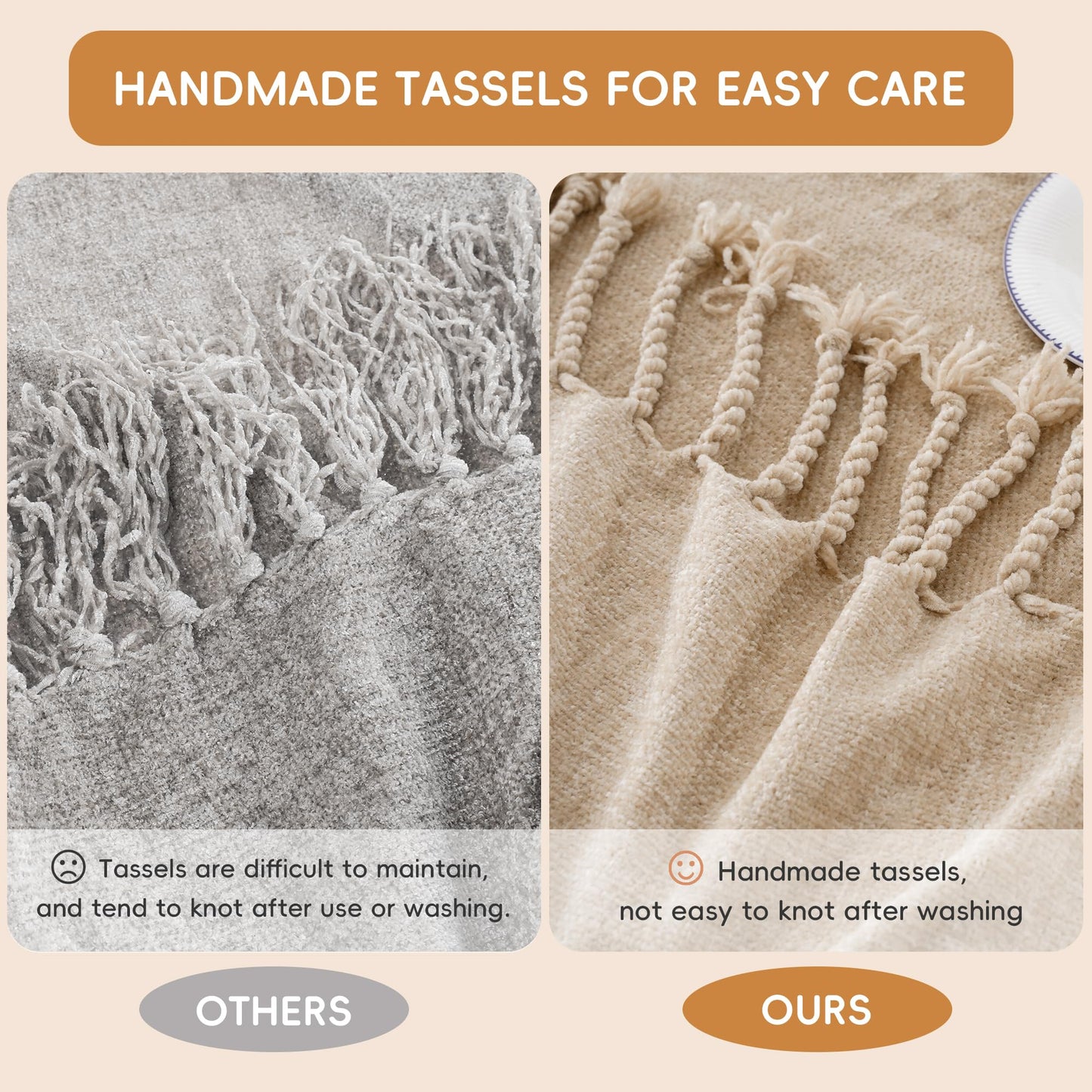BATTILO HOME Beige Chenille Throw Blanket for Couch Sofa Chair Bed Home Decor, Lightweight Boho Knitted Throw with Fringe Tassels Suitable for All Season,50''X60''