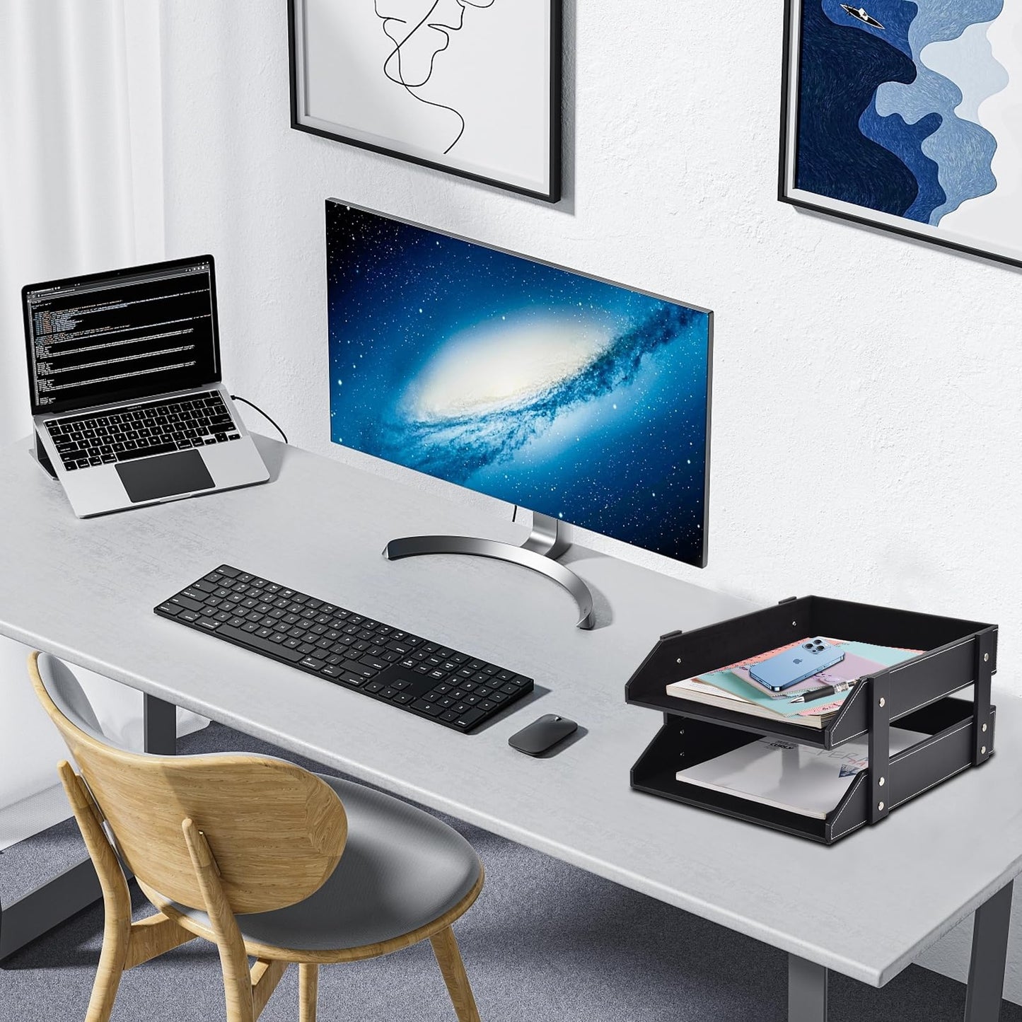 Leather Desk File Supply Organizer,Stackable Office File Document Tray for Files, Folder, Stationery, Magazine, Newspaper, Mail, Home Sundries Desktop Organization Holder,Black