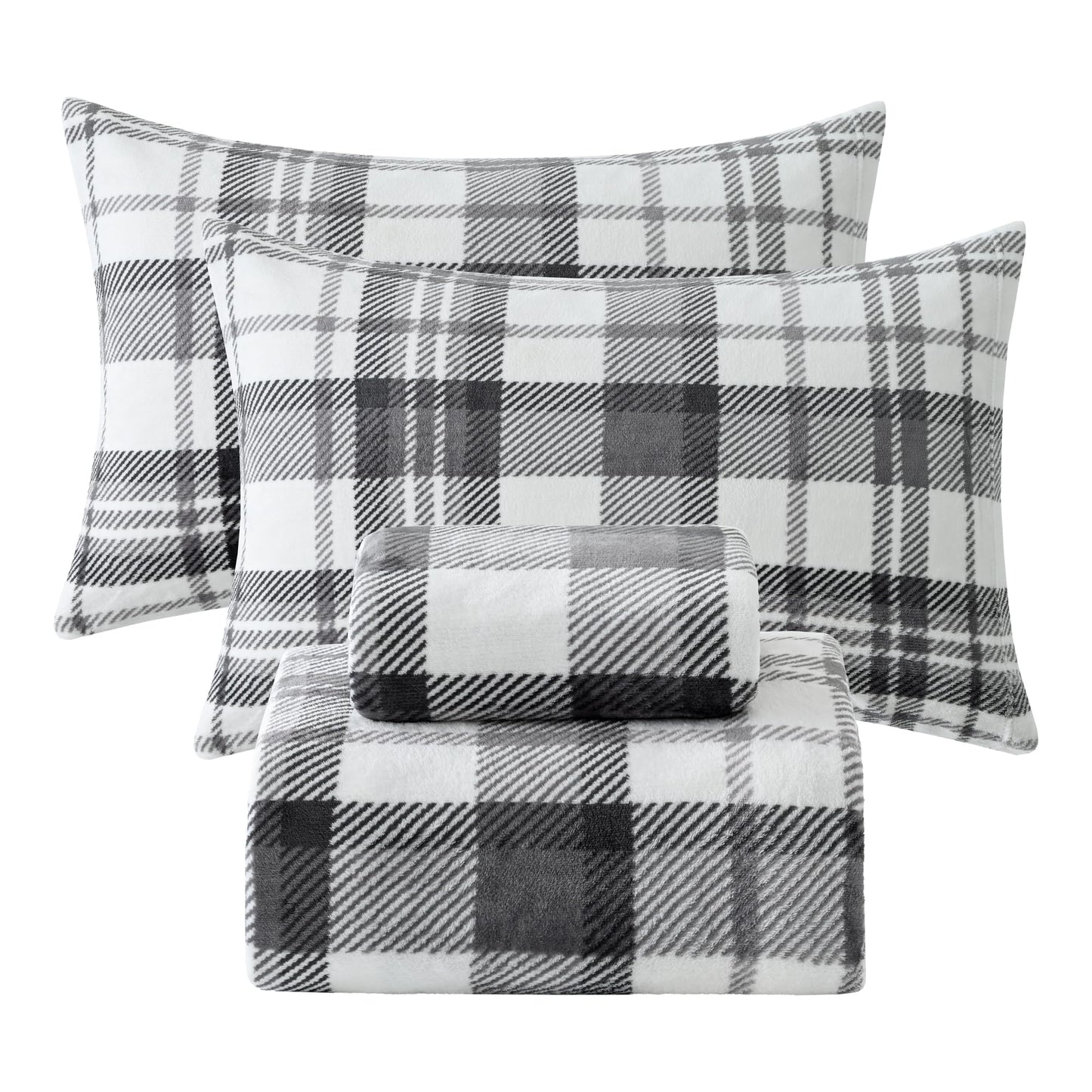 Softan Fleece Sheets Queen Size, Flannel Like Soft, Fuzzy Warm Plush Sheets, Velvet Polar Microfleece Bedding for Winter, Grey White Plaid