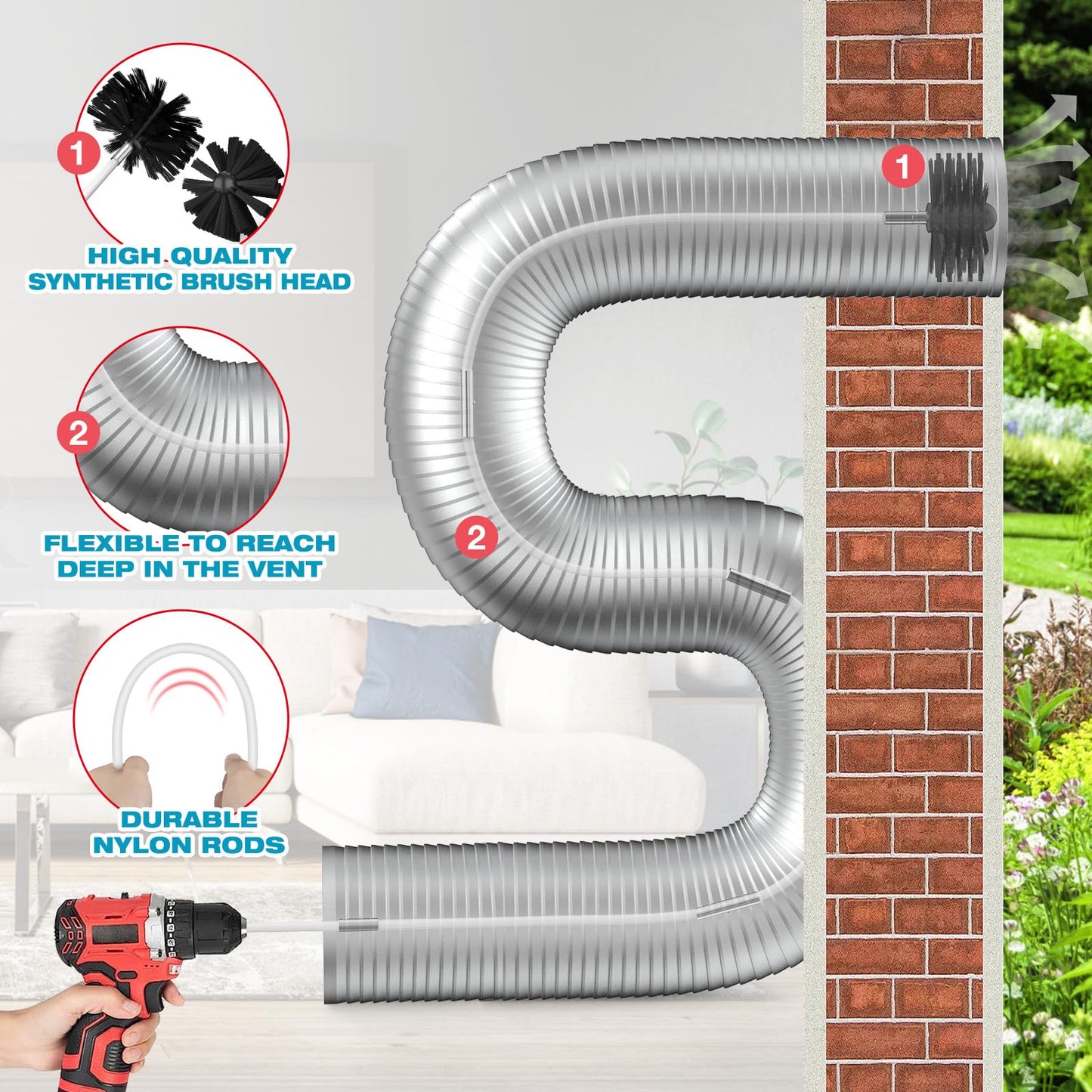 Sealegend 30 Feet Dryer Vent Cleaning Brush, Flexible Lint Brush with Drill Attachment, Upgraded Quick Snap Rods Extends Up to 30 Feet for Faster Cleaning