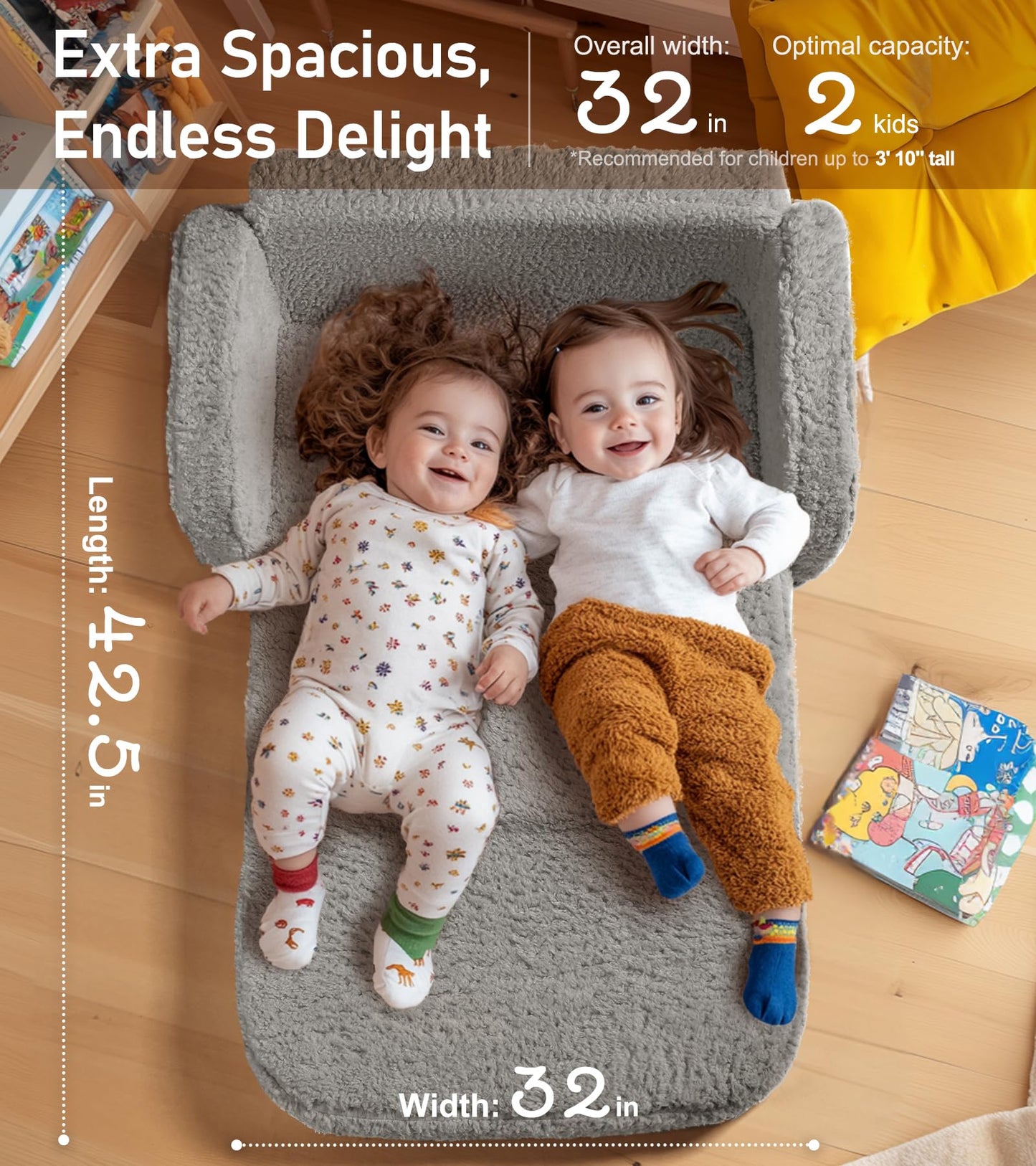 2-in-1 Sherpa Fold Out Kids Couch, Extra Wide Toddler Couch, Flip-Out Foam Couch with Soft Sherpa Cover, Modern Foldable Kids Furniture for Boys & Girls 3+, Gray