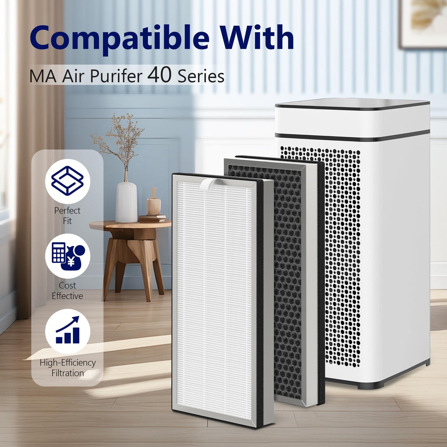 SAKEGDY MA-40 Replacement Filter Compatible with MA-40, MA-40A, MA-40B Purifier, 2 Pack 3-IN-1 Filter with H13 True HEPA, Fine Pre-filter and Activated Carbon Part# ME-40