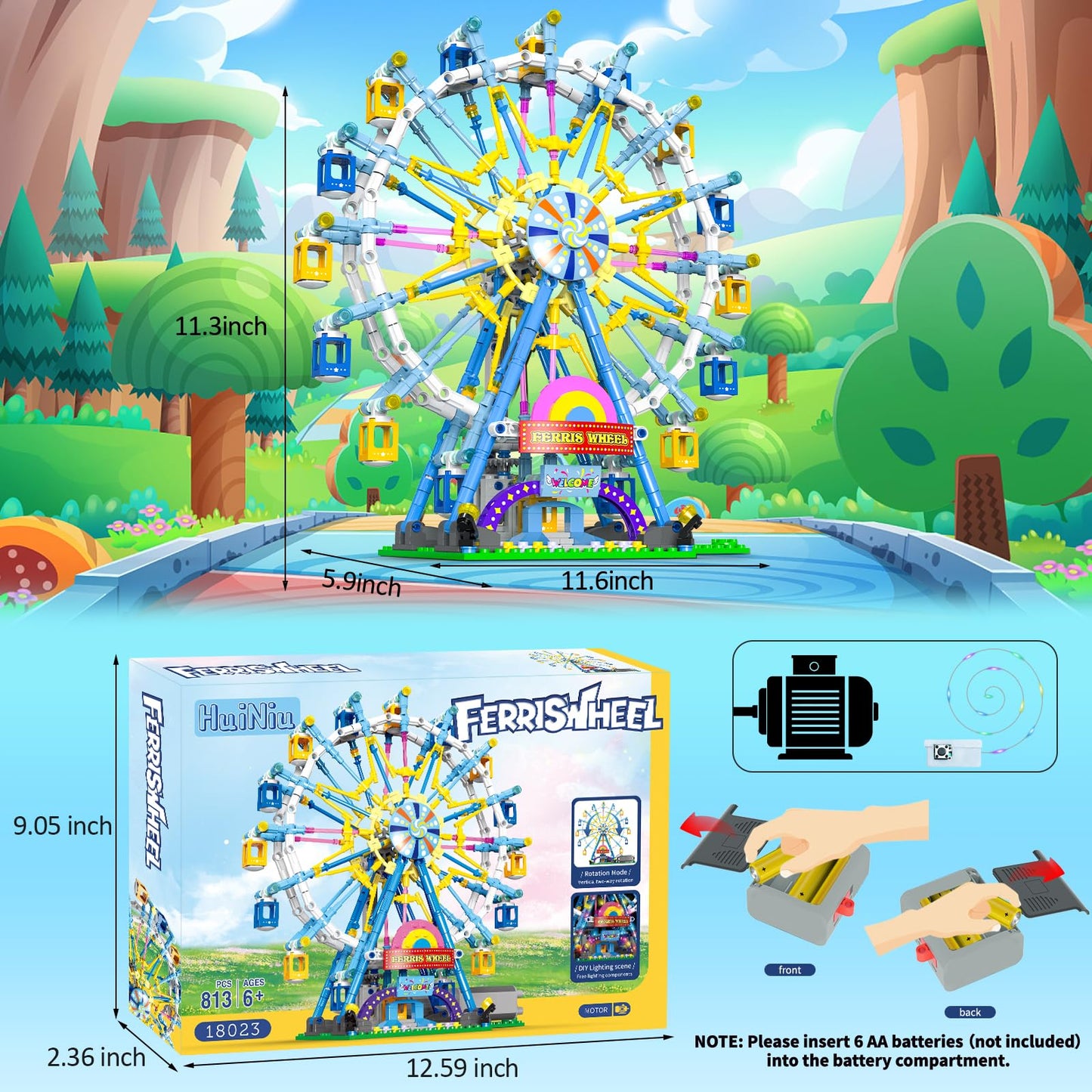 2025 Newly Upgrade Ferris Wheel Building Set with Fairy Light, Two-Way Rotating Ferris Wheel Building Blocks Set of 813 PCS, Amusement Park Model Kit for Kids Ages 8+, Ideas Gift for Boys and Girls