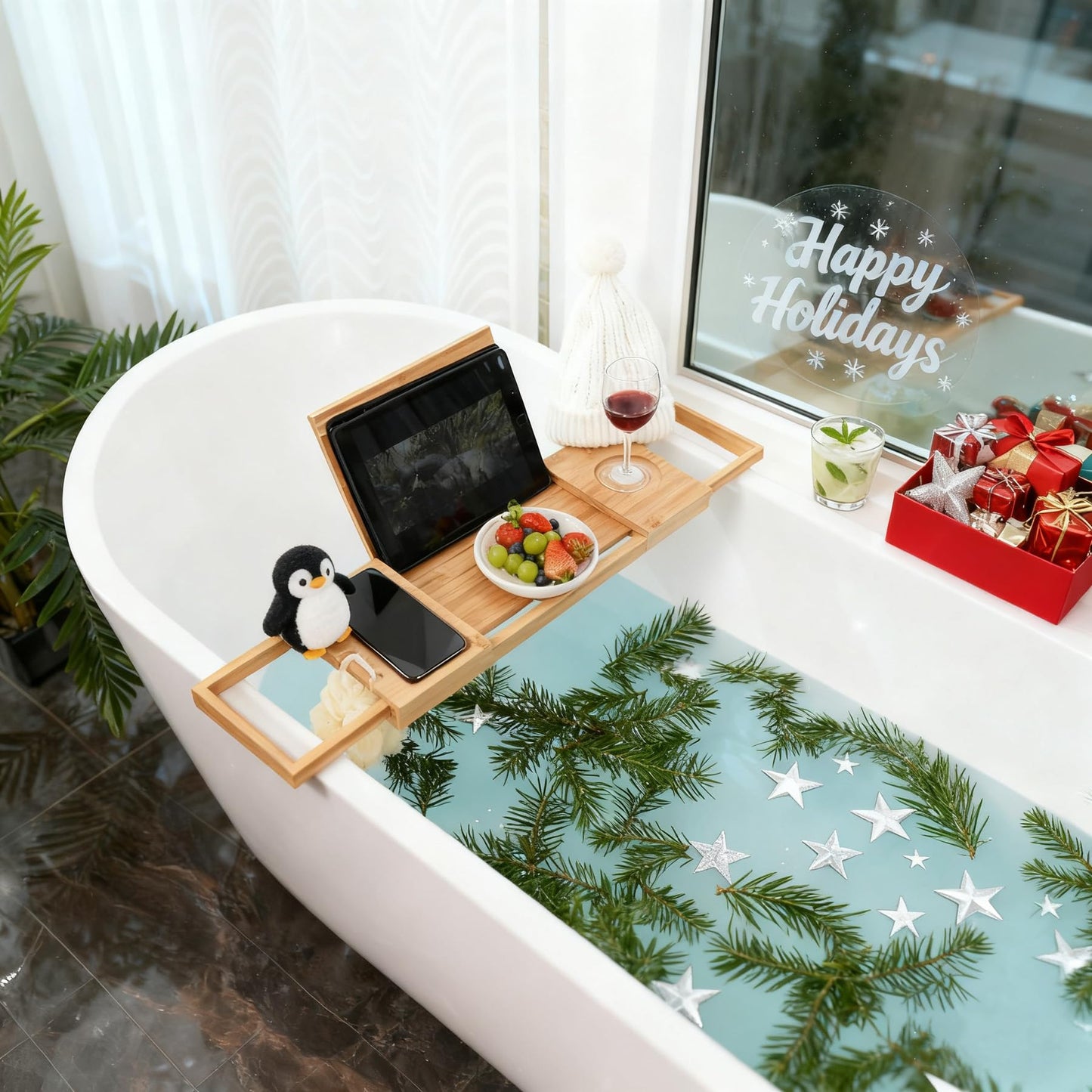 Utoplike Bathtub Caddy Tray, Bamboo Bath tub Tray with Adjustable Arms, Bath Table Holds Books/Tablets/Cell Phone/Towels/Foods (Natural Bamboo)