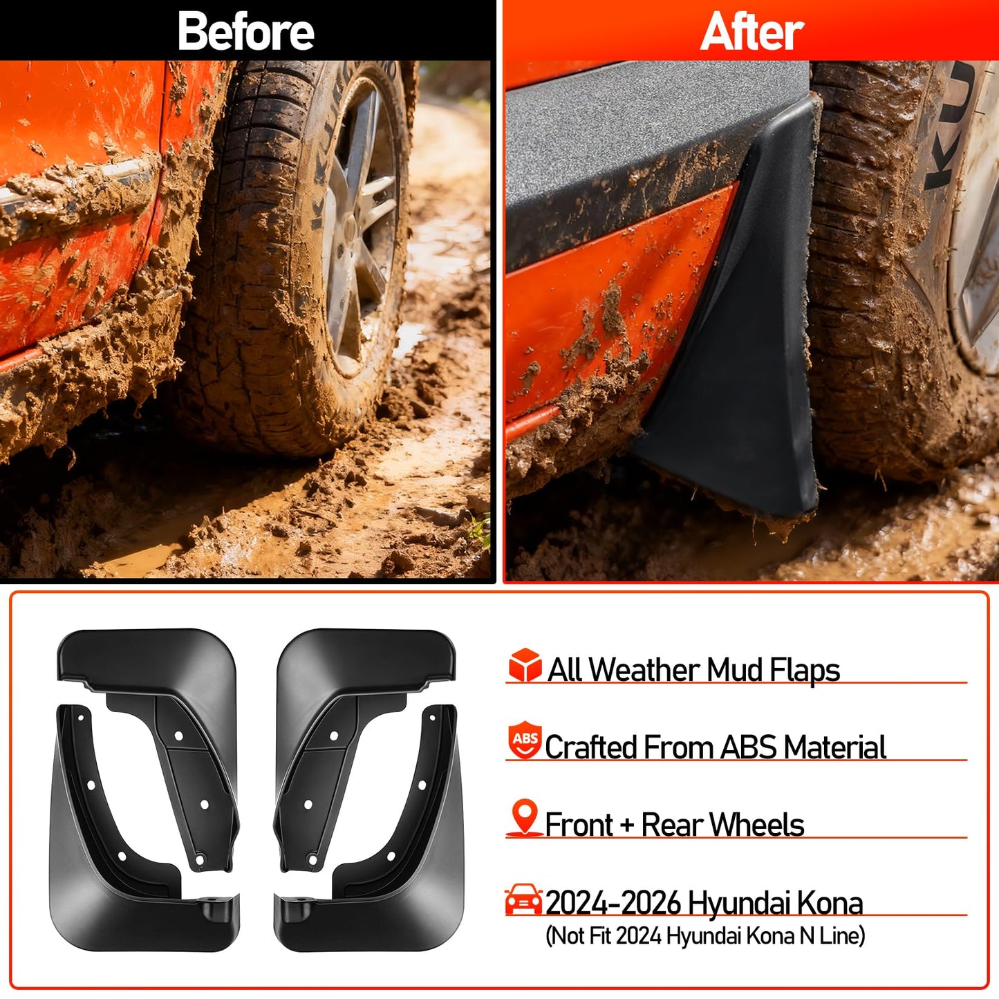 WRWJL Mud Flaps for Hyundai Kona 2024 2025 Accessories,Upgraded Front Rear Splash Guards Compatible with Kona,All Weather 4PCS No Drilling Mudflaps Tire Splash(NO for N Line Model)