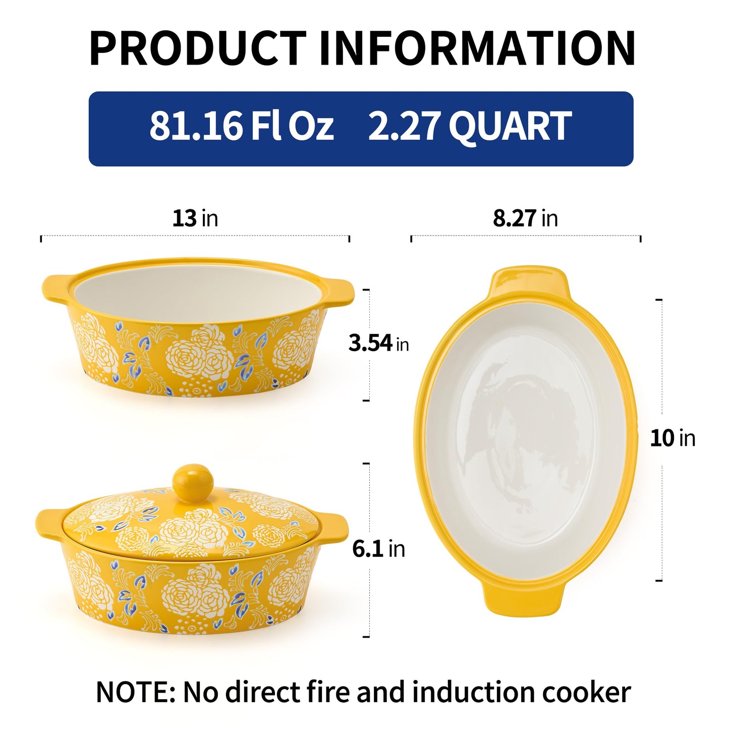Ceramic Casserole Dish With Lid, Casserole Dishes for Oven, Baking Dish Lasagna Pans For Cooking, Oval Baking Pan, Dutch Oven, Perfect for Bread Baking and Serving, Housewarming, Christmas - Yellow